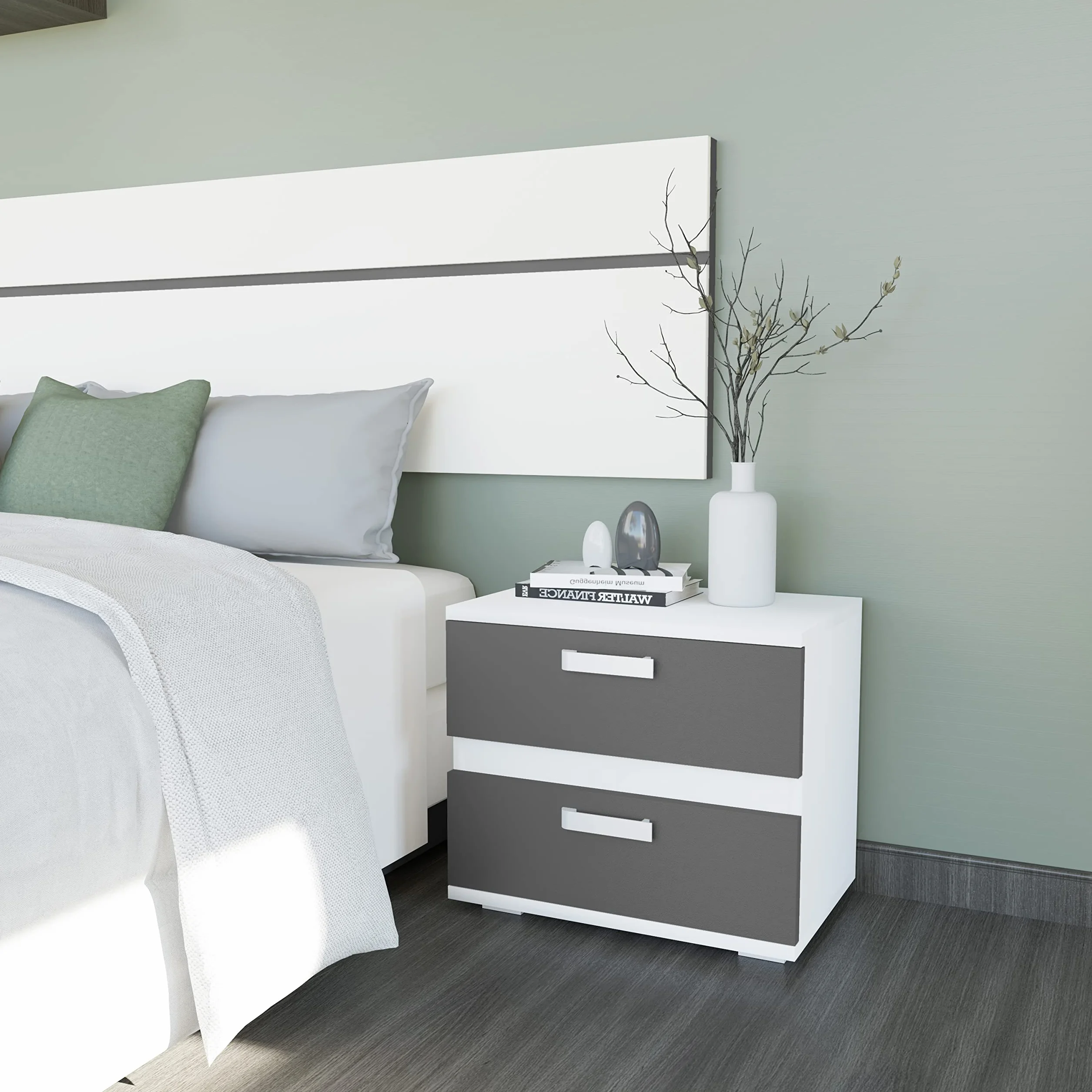 duehome | Pack Cabecero con Leds y 2 Mesitas de Noche, Dormitorio Doble, Dormitorio Completo, Modelo Ataneq Air, Acabado en Blanco y Grafito