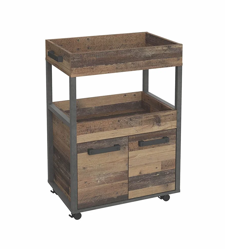 Benji - Mueble bar con 2 puertas y 2 bandejas de almacenamiento, patas sobre ruedas, madera antigua, hormigón oscuro