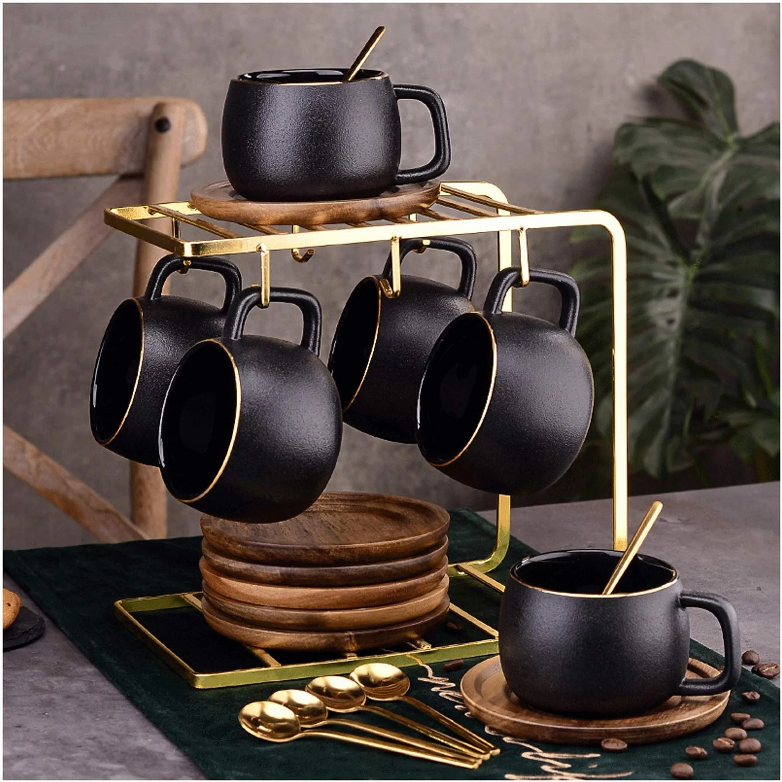 Taza De Café Conjunto De Taza De Café De Lujo Pequeño De Estilo Europeo, Taza De Agua De Cerámica Helada Retra, Taza De Té Especial De La Familia Con Bandeja Y Soporte De Metal (conjunto De 2, 4, 8 Pi