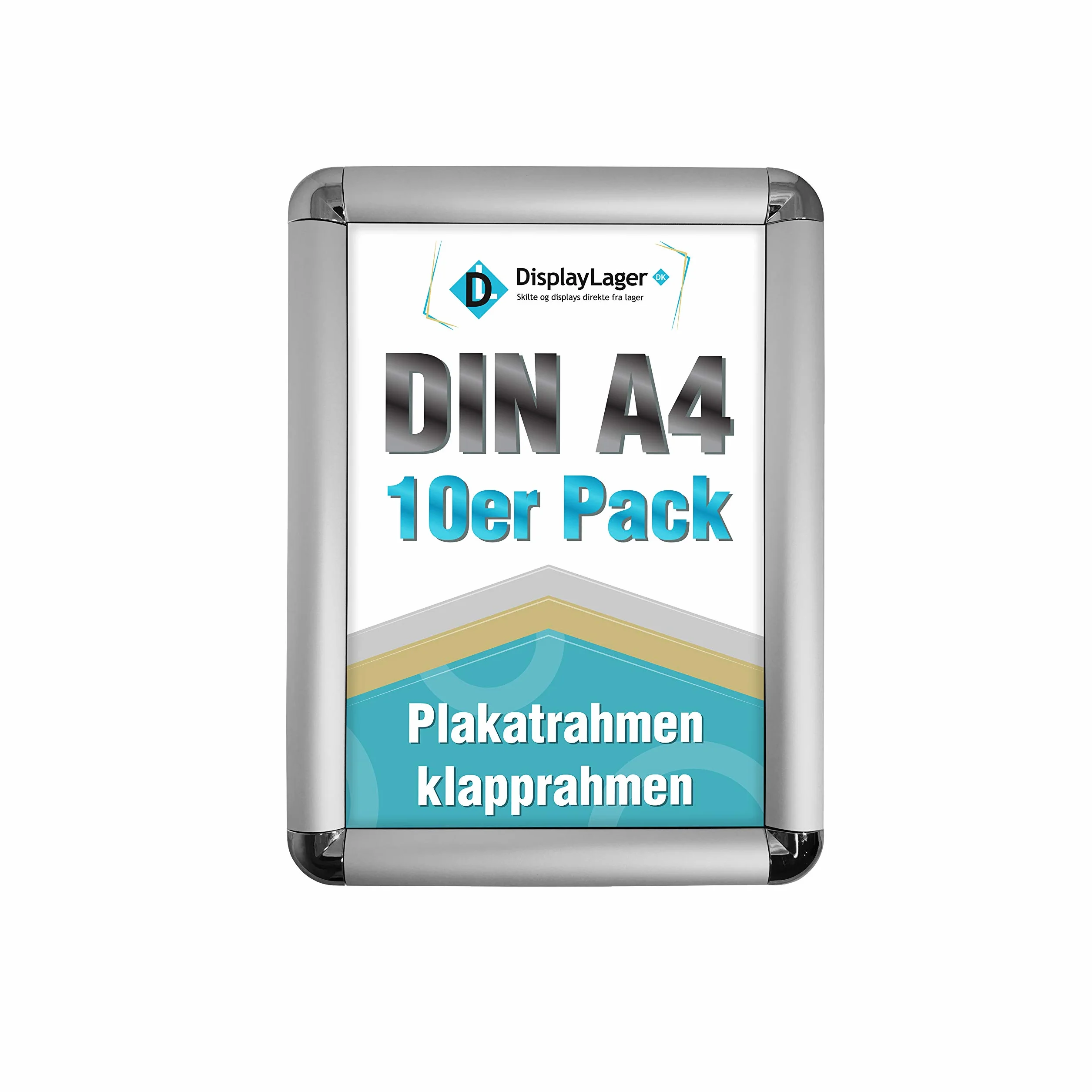 DisplayLager, Calidad danesa – Paquete de Ahorro de 10 Unidades, Color Plateado, DIN A4, Marco Plegable con Perfil de Aluminio de 25 mm, Cristal Protector antirreflectante, Material de fijación