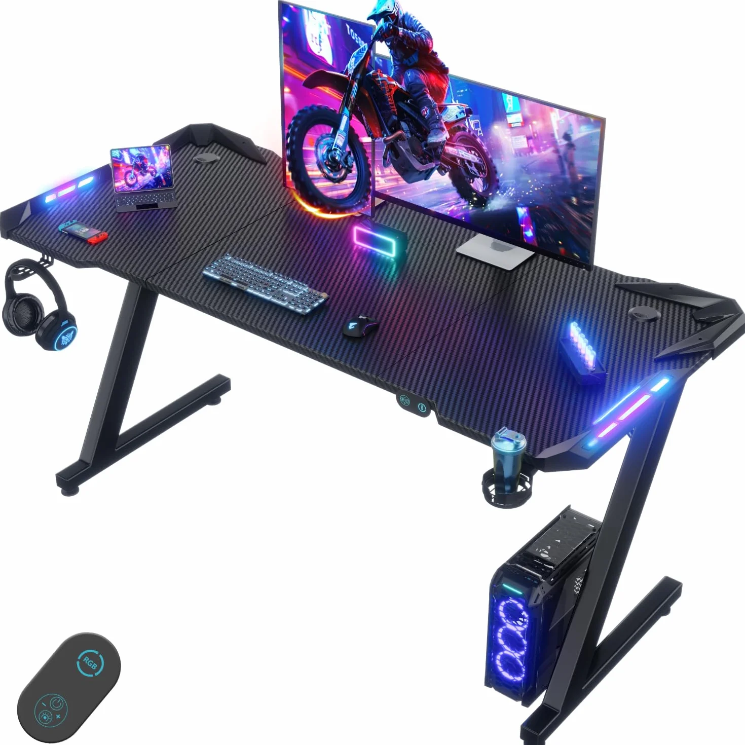 Devoko Escritorio Gaming con Luces LED, 140 x 60cm RGB Mesa Gaming Forma Z, Escritorio de Ordenador Grande con Gancho para Auriculares y Portavasos, Mesa Gamer para Oficina en Casa, Negro