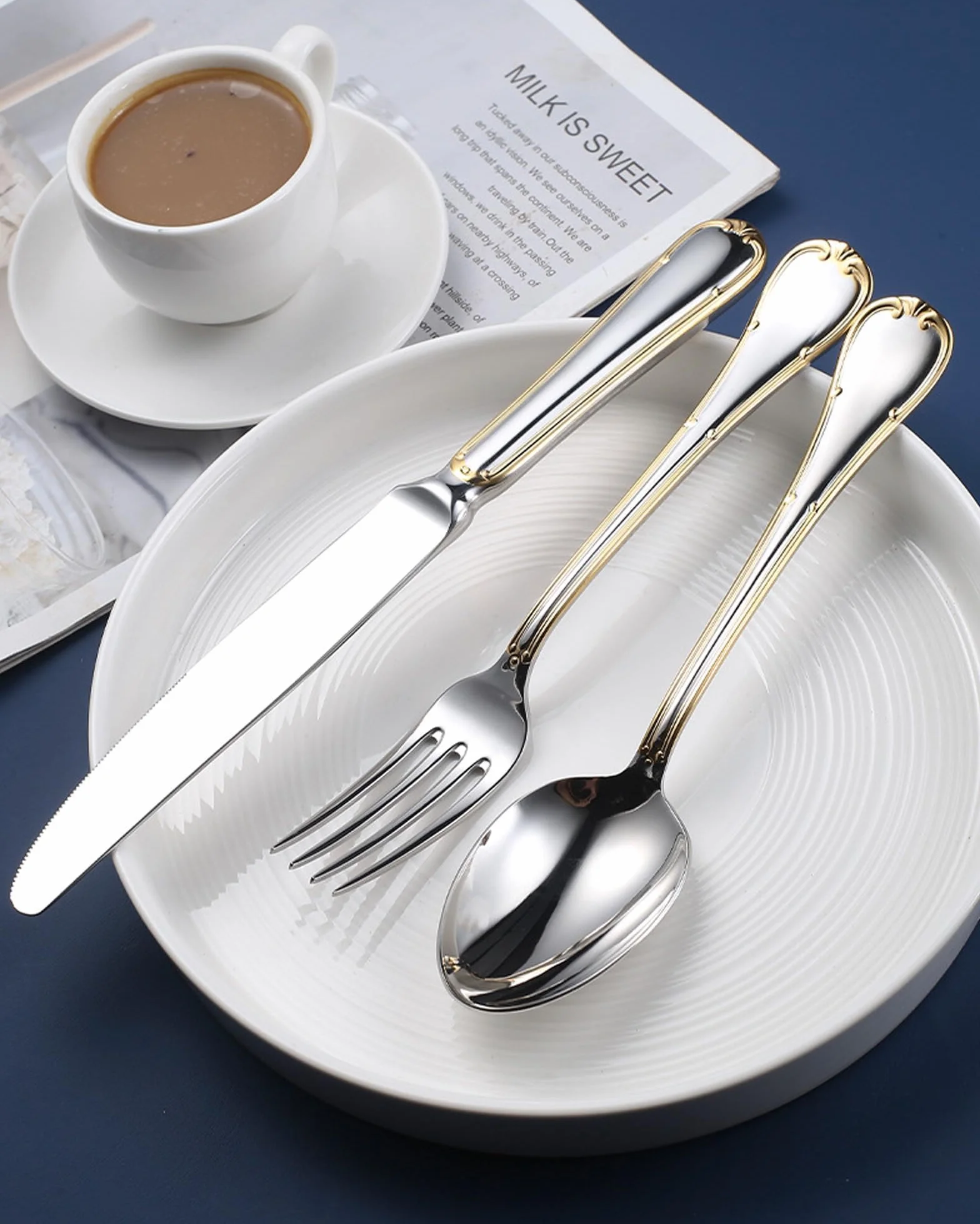H3TF5J Juego de cubiertos de acero inoxidable 18/10, juego de 54 piezas de plata dorada, cubiertos aptos para lavavajillas, cubiertos minimalistas modernos, cubiertos de hotel para banquetes de boda