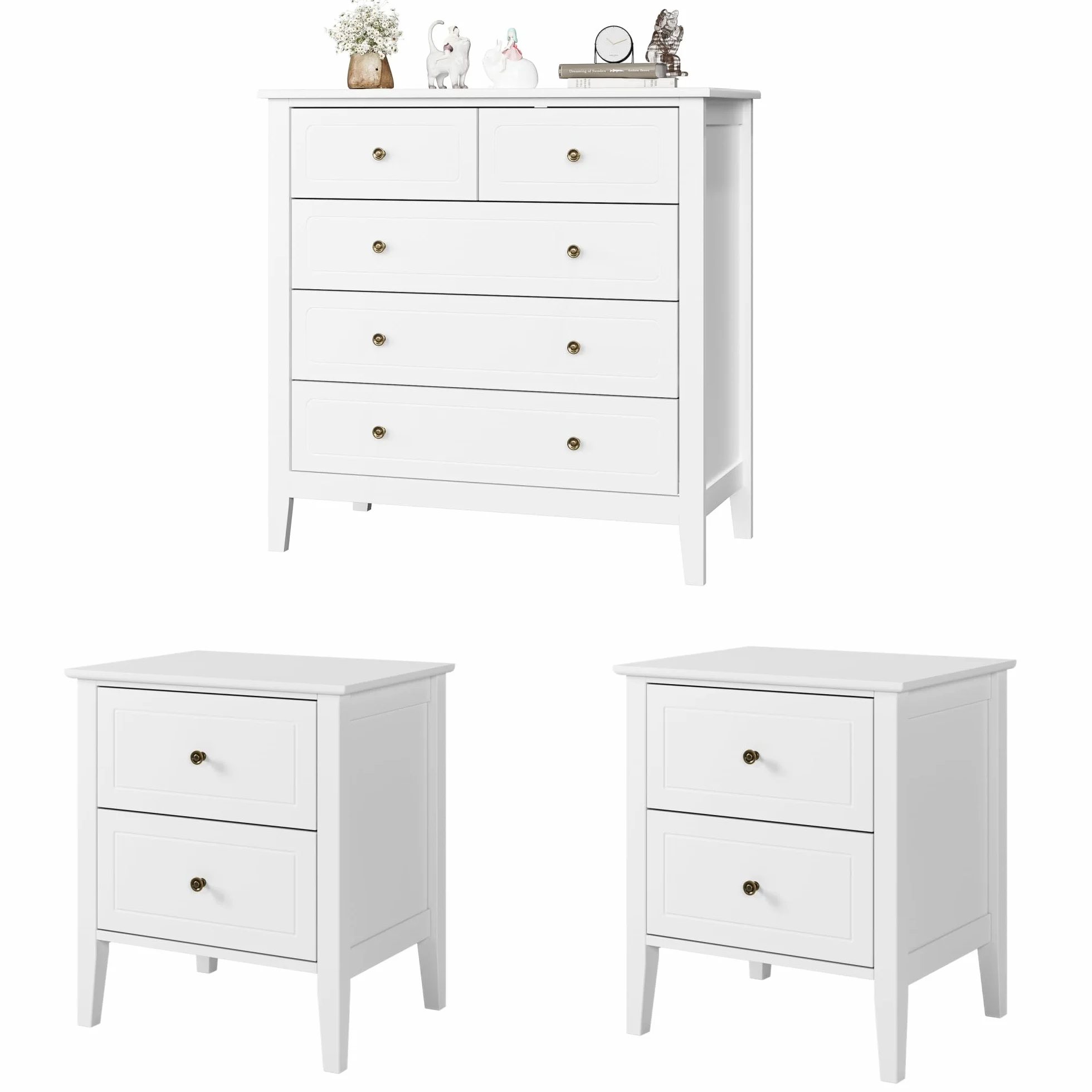 FOREHILL Conjunto Muebles de Dormitorio, 3 Piezas, 1 Cómoda Dormitorio de 5 Cajones, 2 Mesitas de Noche Dormitorio, Blancas, Moderno