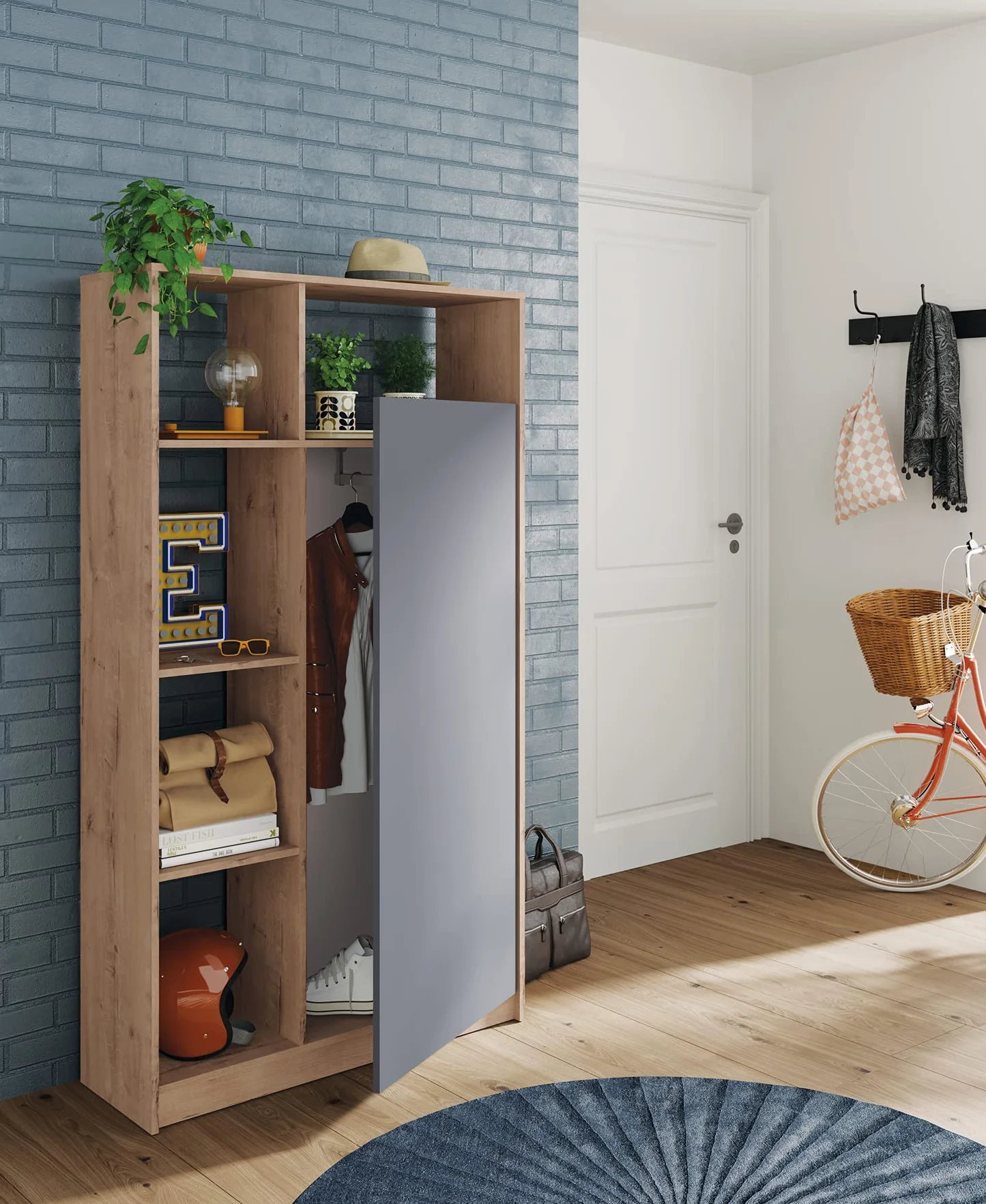 MUEBLES PITARCH | Armario Recibidor Entrada una Puerta con Barra Frontal para Colgar y estantería, Roble Gold y Gris,180x100x35 cm, Gran Capacidad, Moderno, Modelo Neo