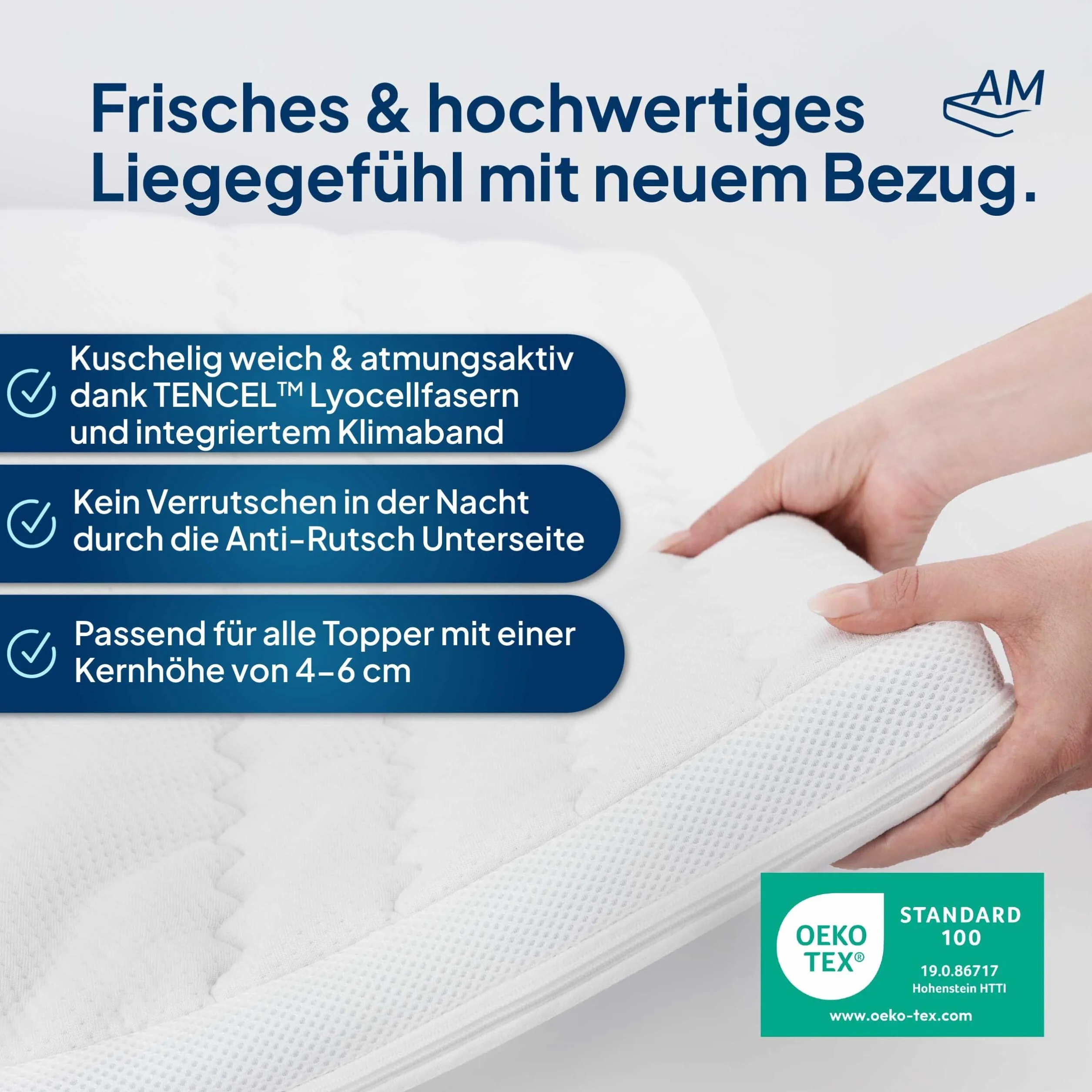 AM Qualitätsmatratzen Funda para Topper 90x200 de 4-6 cm de Altura del núcleo - Made in Germany & Sello Oeko-Tex - Funda para Topper 90x200 hipoalergénica con Cremallera en los 4 Lados