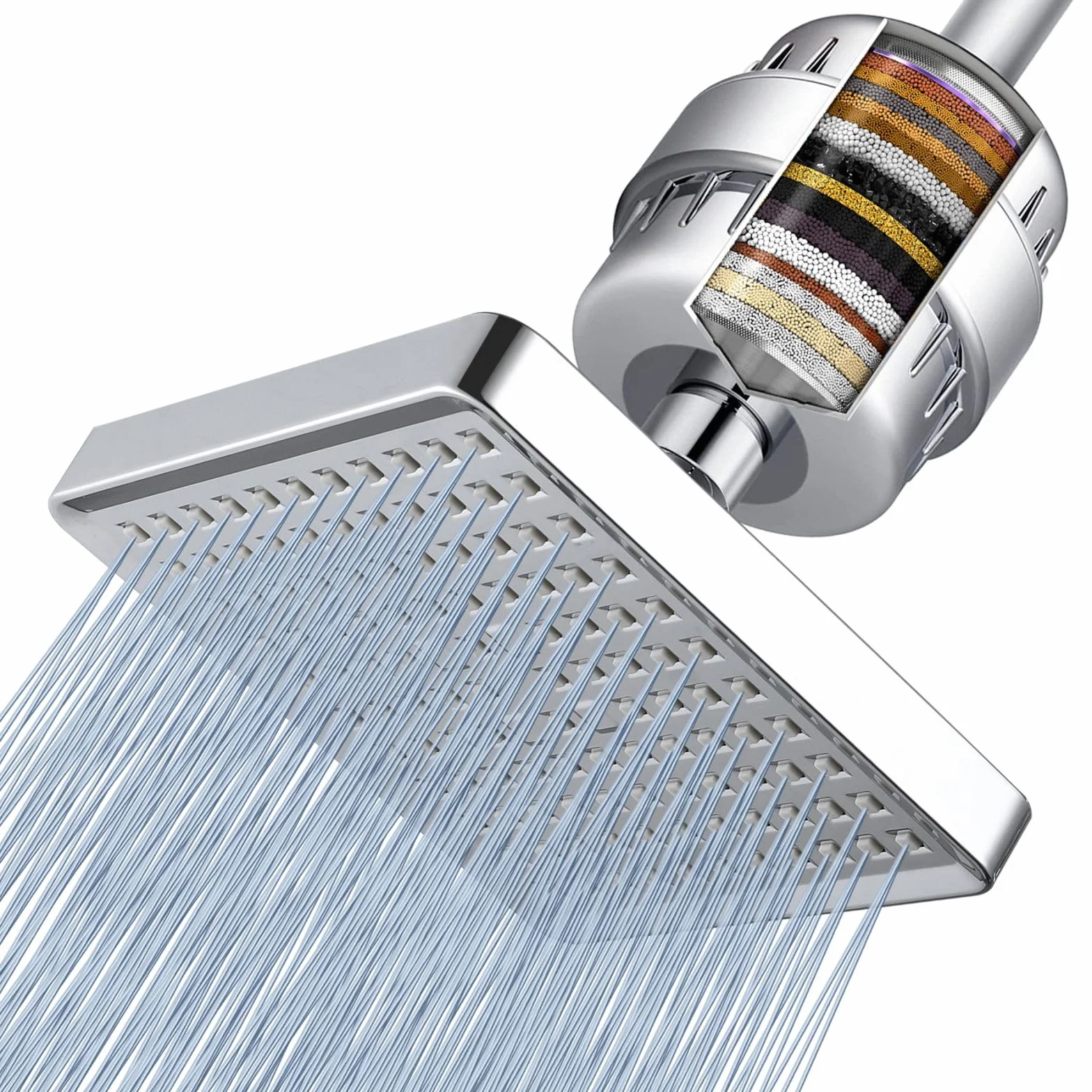 Juego de Cabezal de Ducha con Filtro Voolan, Filtro de Ducha de Lluvia de 23 Etapas, Elimina el Cloro y los Metales Pesados, Cabezal de Ducha de Lluvia de Alta Presión de Lujo de 15cm, Cuadrado