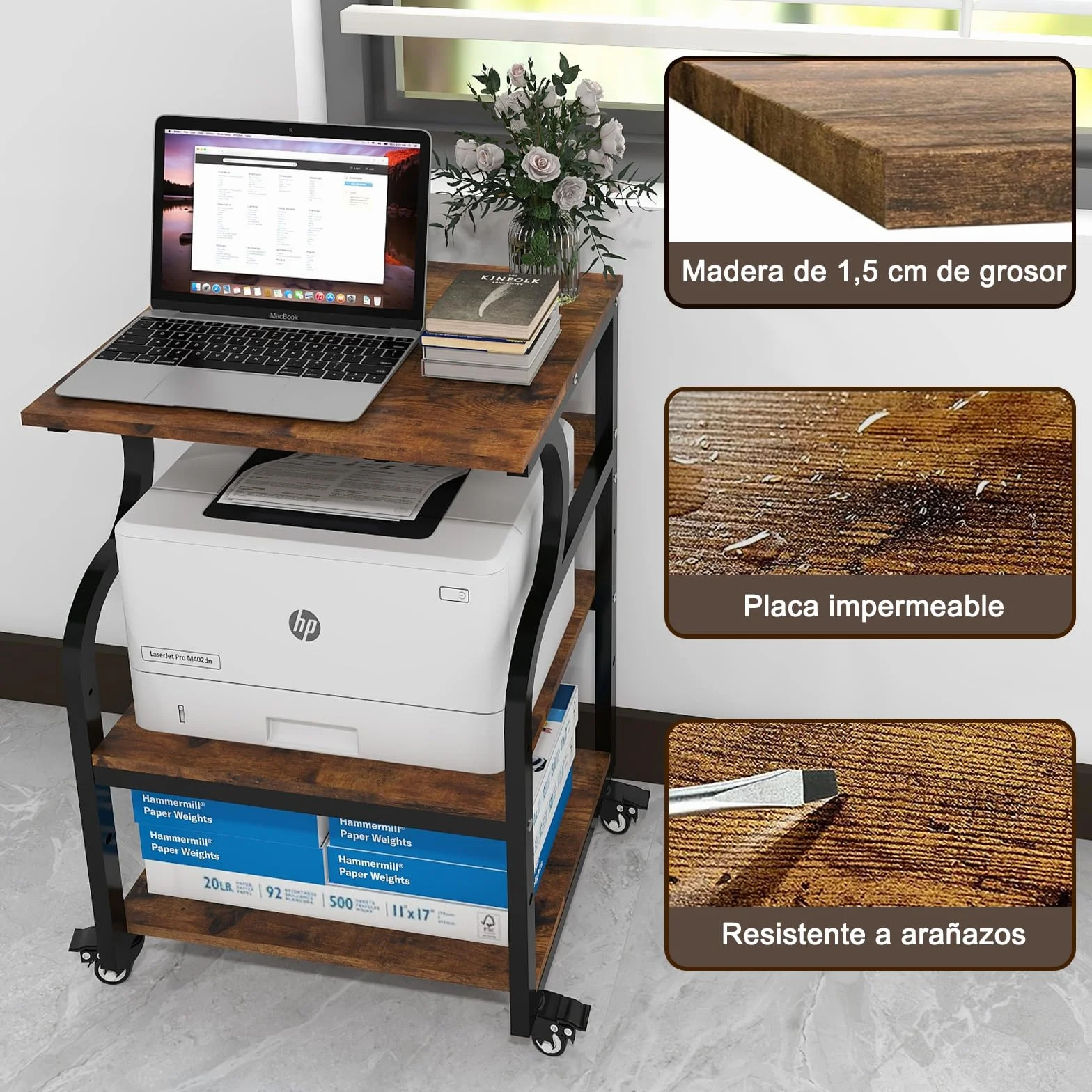 PUNCIA Mesa para Impresora Ajustable en Altura 60x50cm 3 Niveles con Ruedas Madera y Metal Carrito Almacenaje Oficina Escuela Estudio