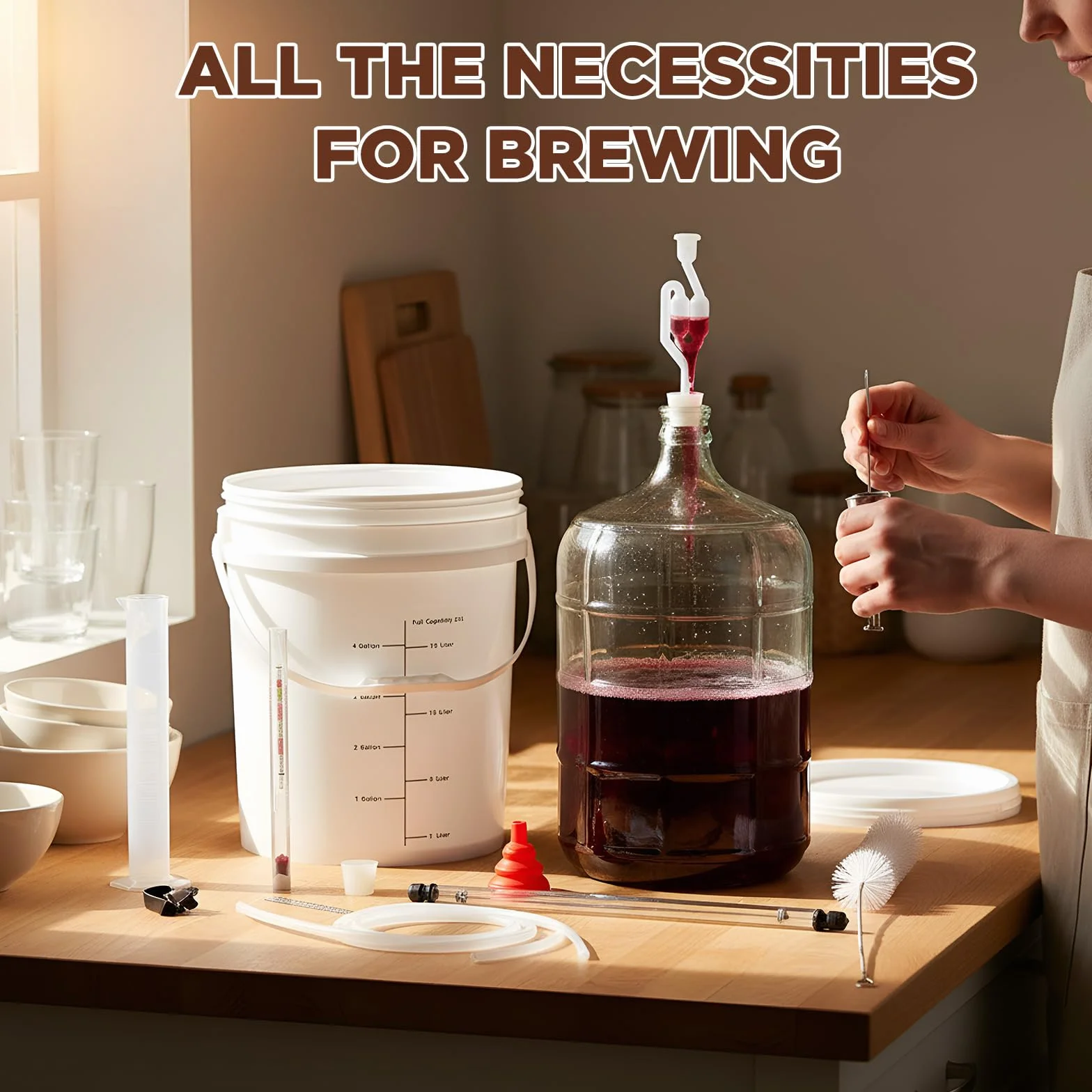 Ziliny El kit para hacer vino incluye Carboy de 5 galones, cubo y tapa de 6.5 galones, sifón automático, hidrómetro, probador de porcentaje de alcohol, relleno de botellas, cierre de aire, embudo de