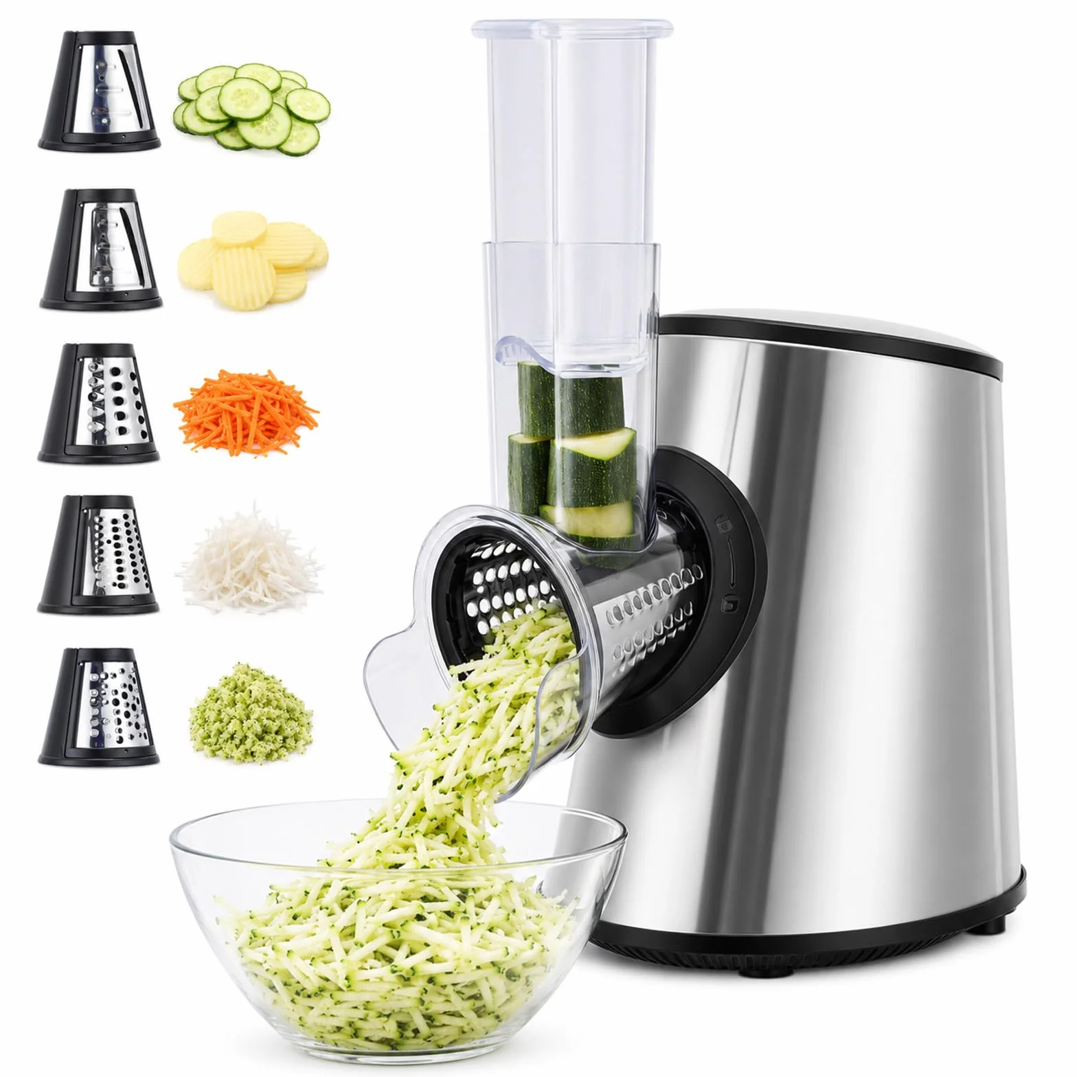 Rallador Eléctrico Profesional 5 en 1, 800 W con 5 Conos en Acero Inoxidable, Cortador y Picadora Multifunción con Apertura Grande de 9 cm para Frutas, Verduras, Queso, Nueces, Zanahorias, Gris