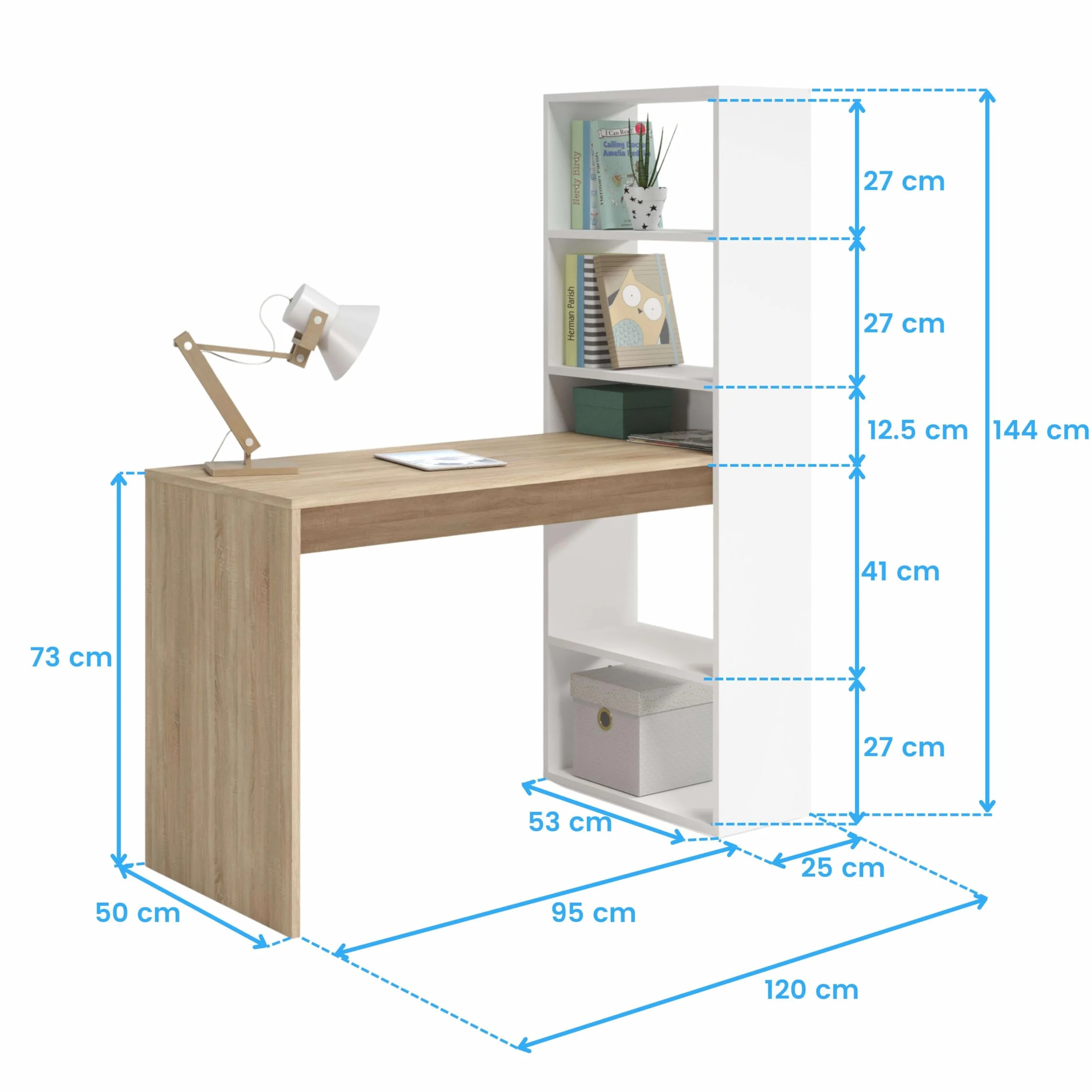 Miroytengo Escritorio Dormitorio Juvenil Duplo con Estantería Estilo Juvenil en Color Blanco Artik y Roble Canadian 120 cm