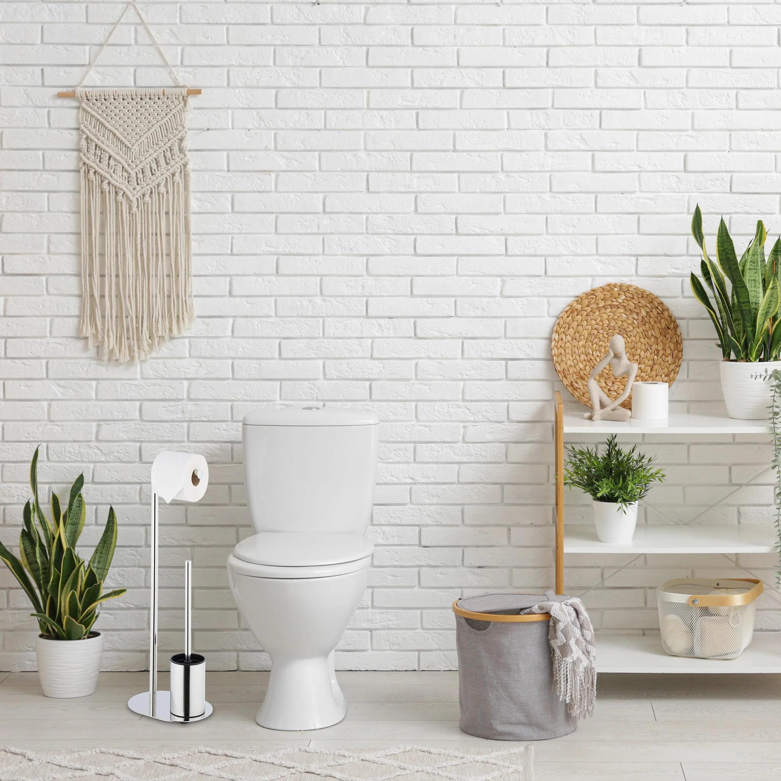 Relaxdays Escobillero y Portarrollos para Baño, Acero Inoxidable, 63x23x17 cm, Escobilla con Soporte Vertical, Plateado