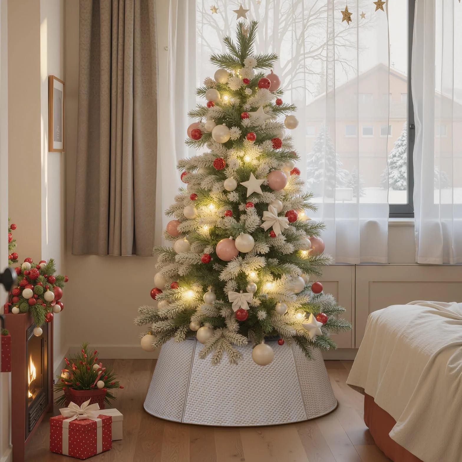 Lanpn Metal Collar Árbol de Navidad 50cm, Albero Natale Decorativo Christmas Tree Collar para Pequeño Mini S Árboles Artificiales Interior Exterior - Decoración Navideña (Blanco, Sarga)