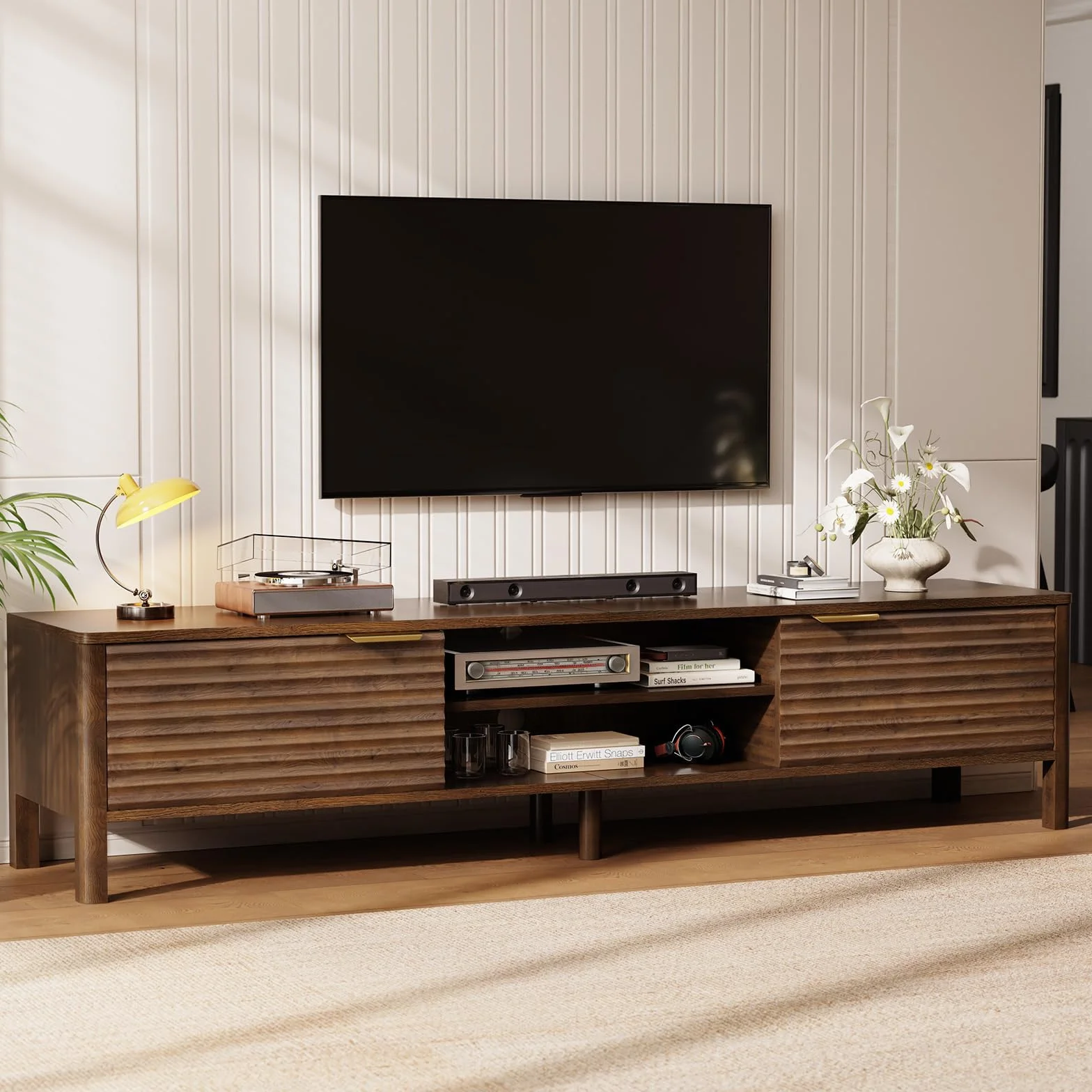 IKALIFE Mueble TV Madera Marrón 200 cm - Mueble de TV con Estantes Ajustables y Gestión de Cables, para Televisores de hasta 80 Pulgadas, para Salón y Dormitorio