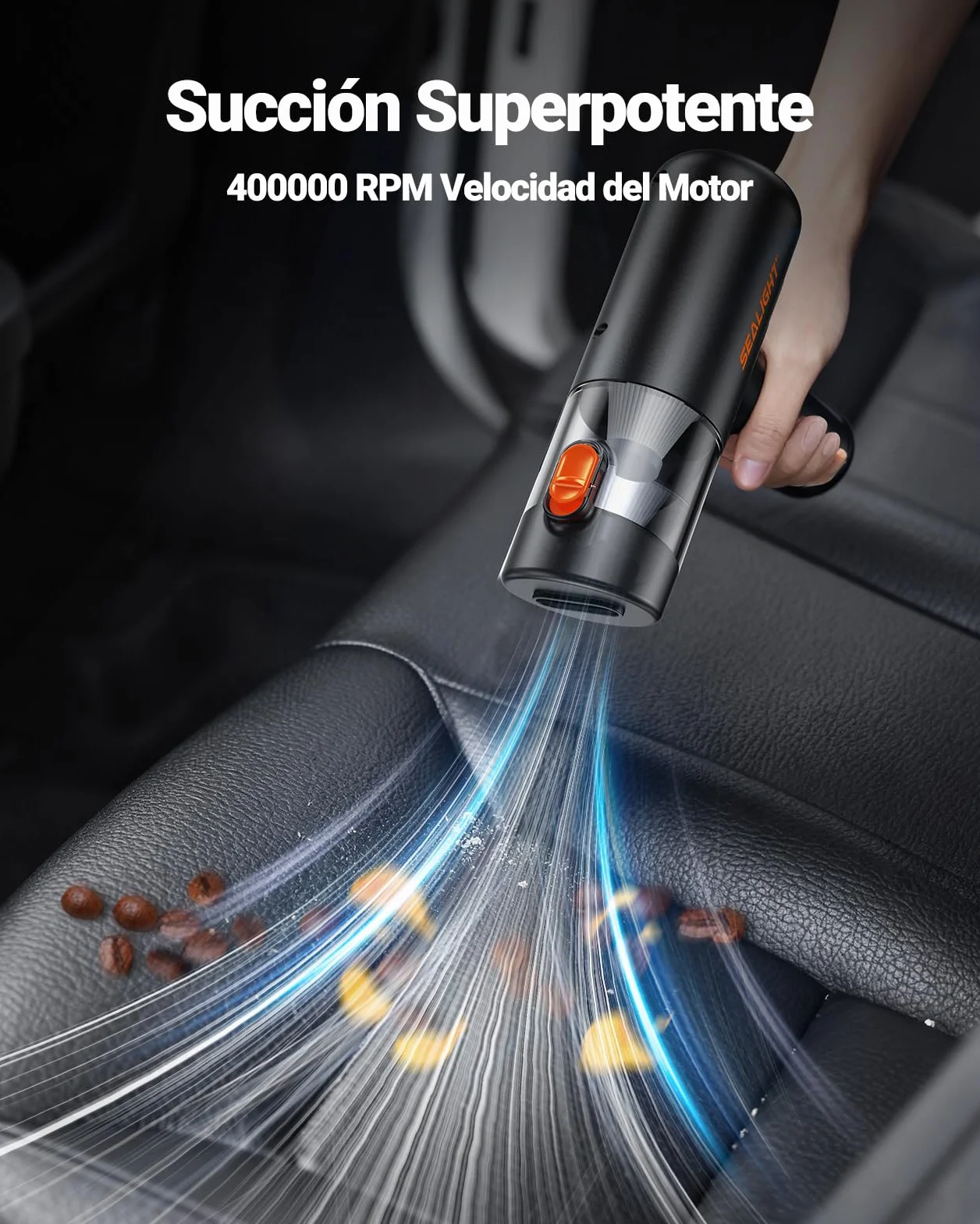 SEALIGHT Aspirador de Mano, 32000PA Aspiradora de Coche, 4 en 1 Aspirador Coche con Motor Sin Escobillas, Aciado Automático de un Toque, Mini Aspiradora Sin Cable para Pelo de Mascotas, Coche, Hogar
