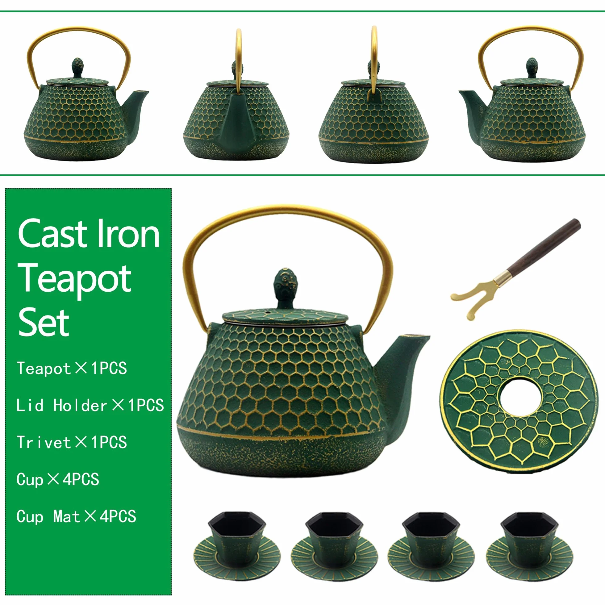 Juego de tetera de hierro fundido, juego de tetera hexagonal de 33.8 onzas con tazas y alfombrillas para tazas, tetera recubierta con interior esmaltado, juego de tetera de hierro fundido duradero con
