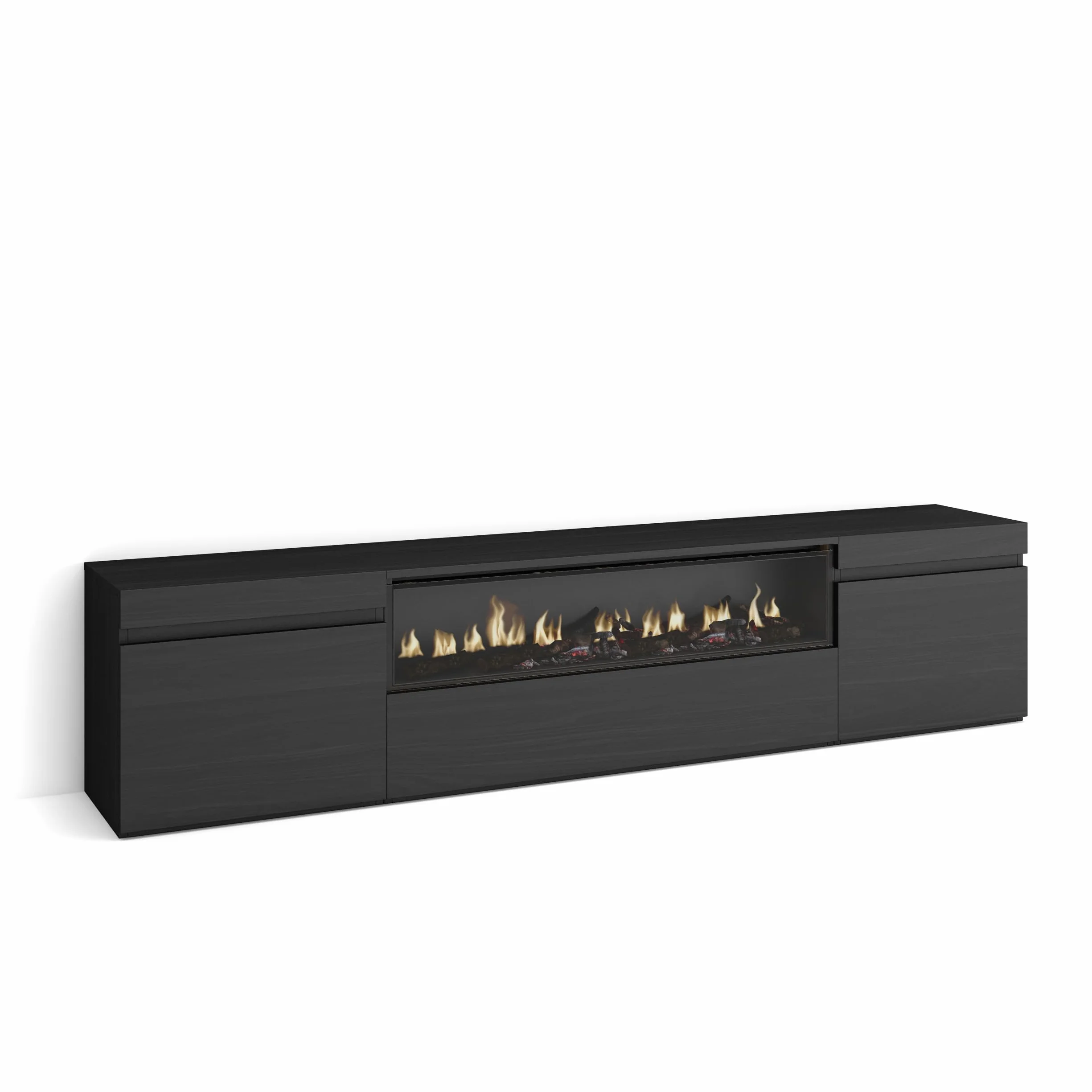 Skraut Home | Mueble TV | Televisión | Muebles de salón, almacenaje | 200x45x35cm | para TV hasta 80" | Chimenea eléctrica | Estilo Moderno | Negro