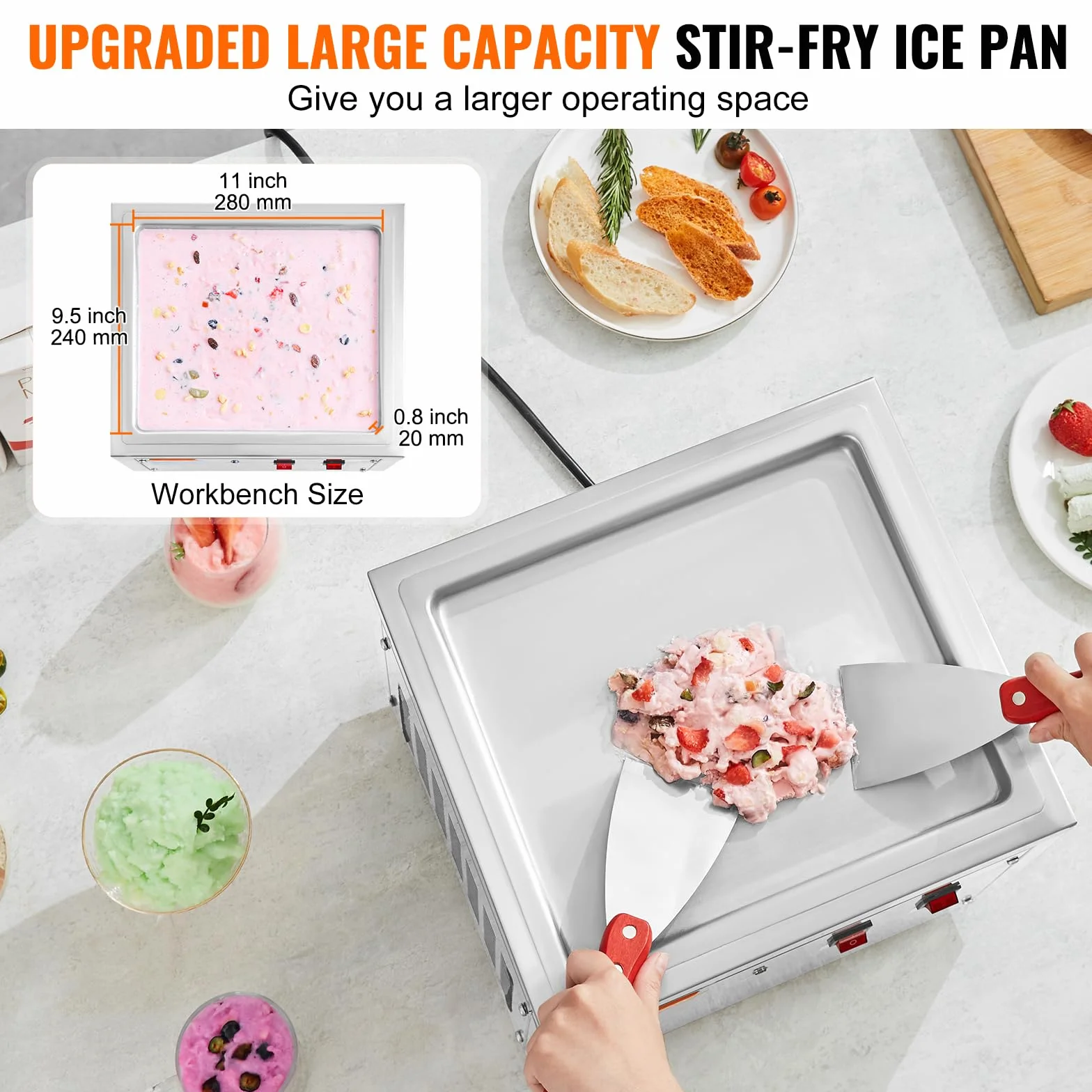 VEVOR Máquina para Hacer Helados Fritos Bandeja para Helados Fritos de 28 x 24 cm Plancha para Helados Enrollados de Acero Inoxidable con Compresor y 2 Raspadores para Hacer Helados, Yogur Helado