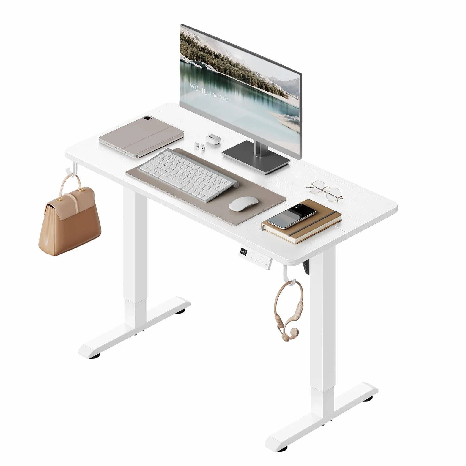 WOLTU Escritorio Elevable Eléctrico Regulable Altura 72-118 cm, con Memoria y Protección Anticolisión, con 2 Ganchos, para Oficina, Gaming o Estudio, Blanco, 100x48 cm