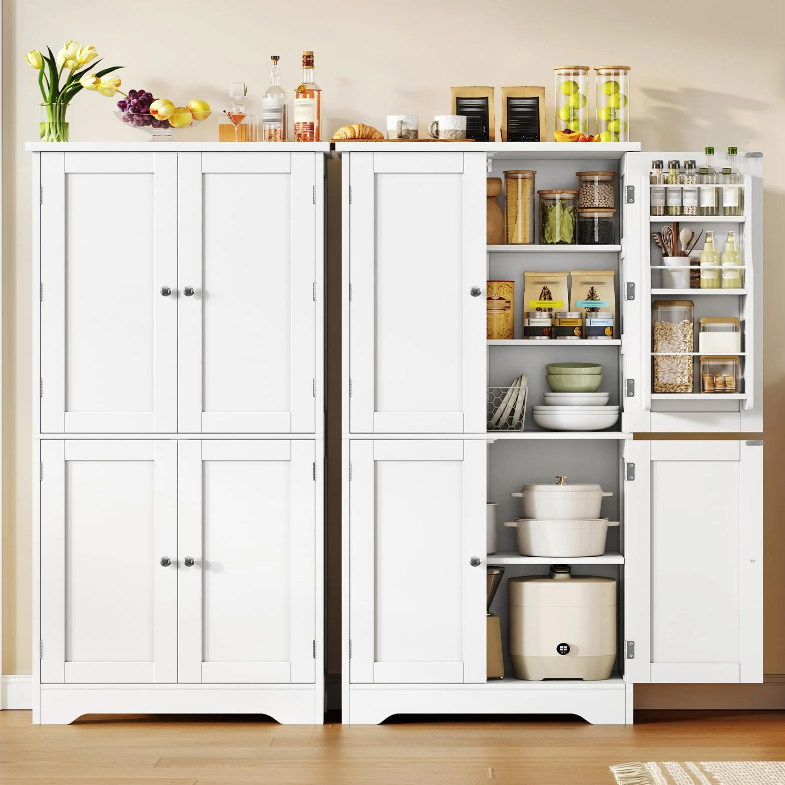 TEENFON Alacena de Cocina Alta y Despensa, Armario de 4 Puertas con 6 Estantes y 2 Compartimentos en la Puerta, Aparador y Mueble de Almacenaje Multiusos para Cocina, Salón, Comedor, 130 cm, Blanco