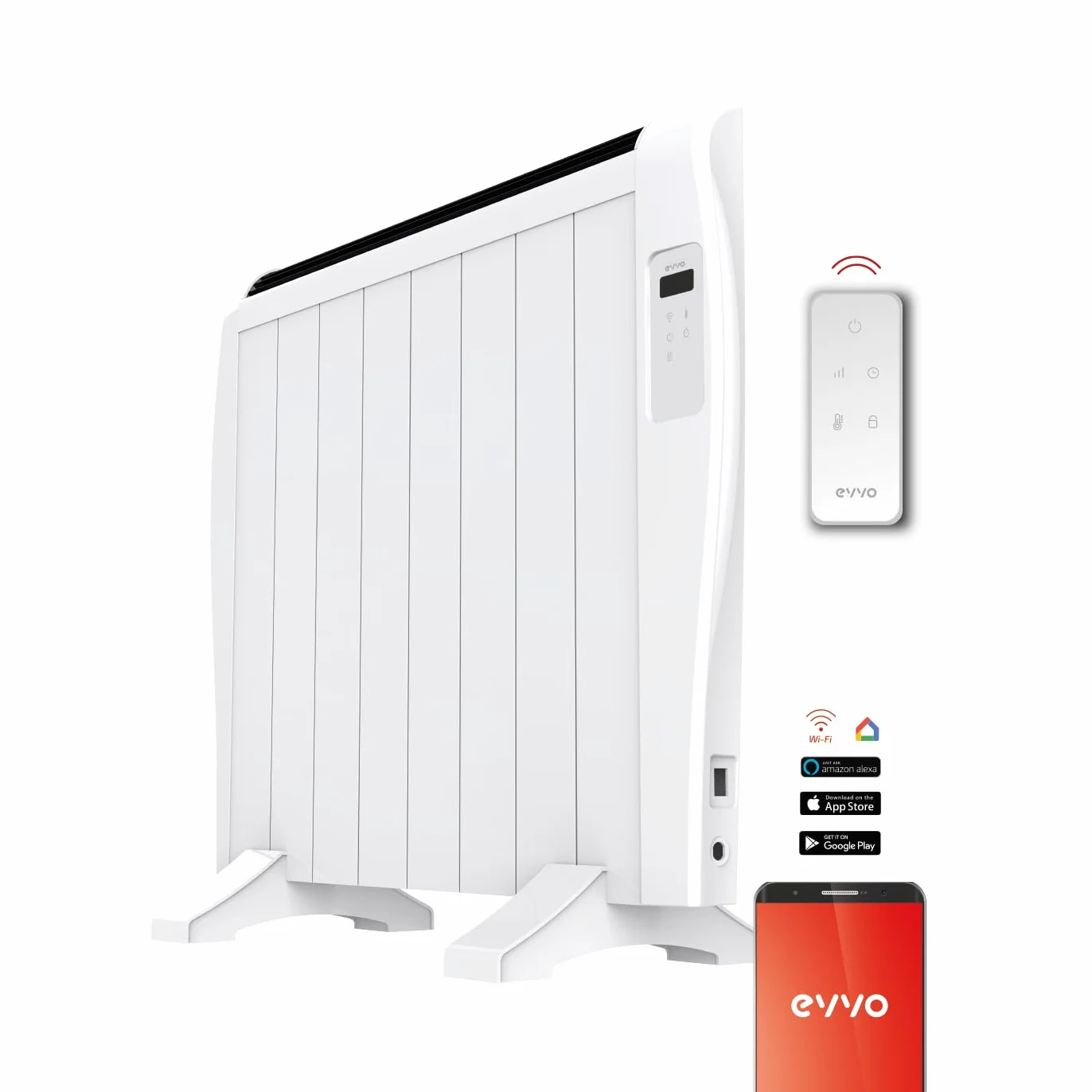Radiador Emisor Térmico EVVO C8 Blanco, 1200W, hasta 16m2, Instalación Suelo o Pared, Google Home, 8 elementos, Bloqueo infantil, Wifi, Control remoto, Temporizador, Display LCD