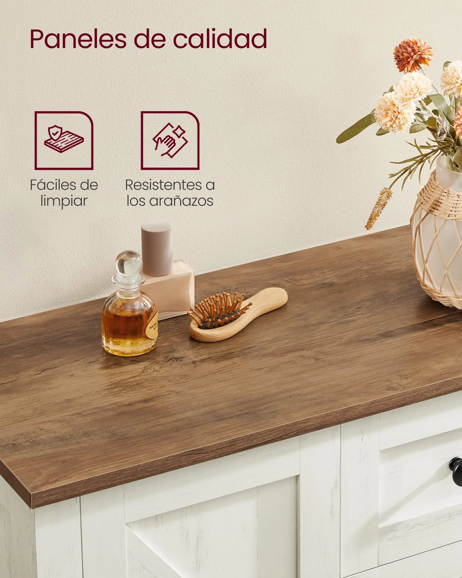 VASAGLE LIRY Colección - Armario de Almacenamiento, Mueble de Baño Estilo Campo con 4 Cajones, Organizador Independiente, Puerta de Granero, Estante Ajustable, Blanco Rústico BBK753W01
