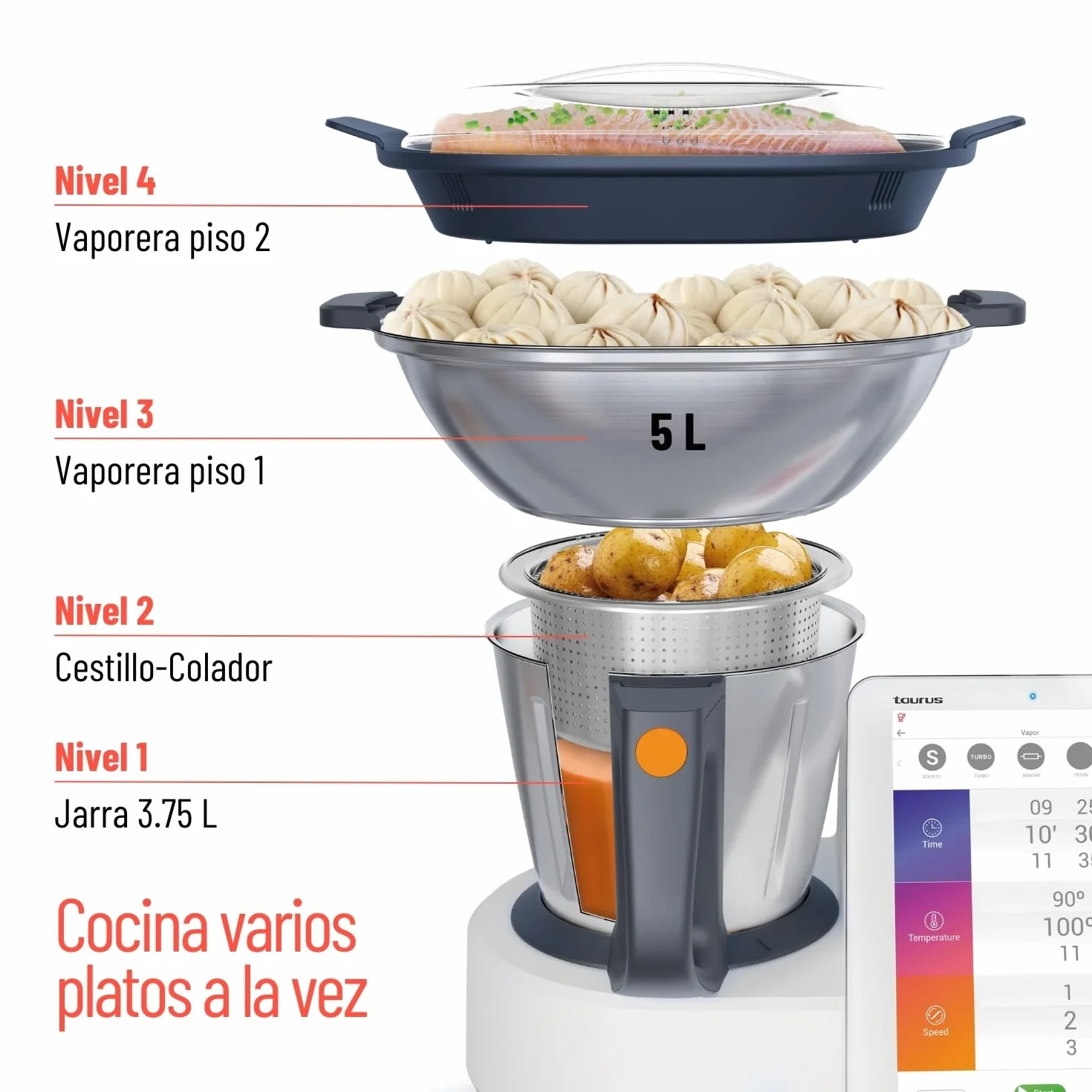 Taurus Mycook Next - Robot de Cocina con wifi, pantalla XXL, cocina por voz, inducción, cocción lenta o alta temperatura, sous-vide, 30 funciones, 2000W, jarra 3.75L, app mycook + accesorios