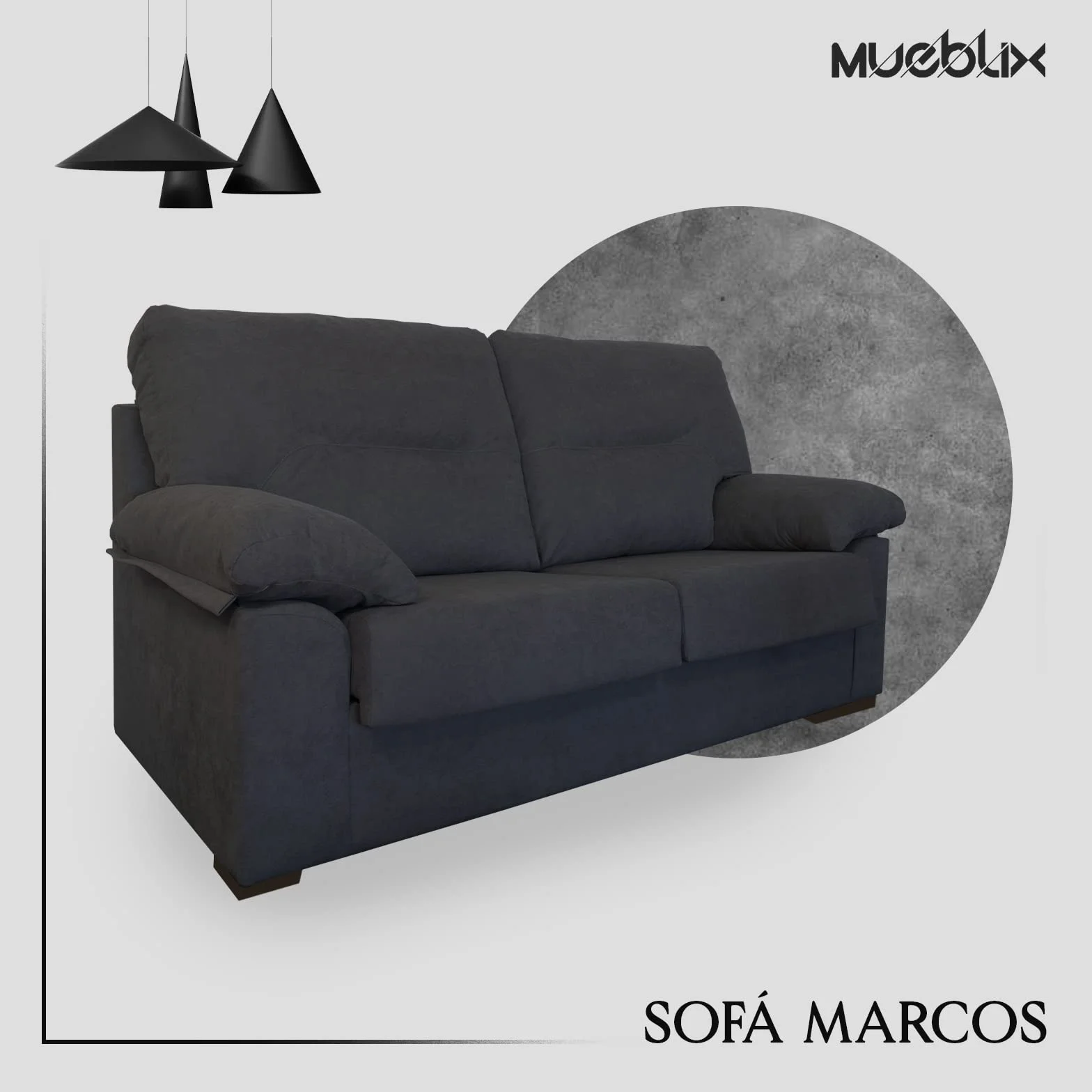 MUEBLIX.COM | Sofa Marcos, 3 Plazas, Diseño para Salón Moderno, Confortable, Armazón de Pino Gallego, Asientos de Goma Espuma, Antracita
