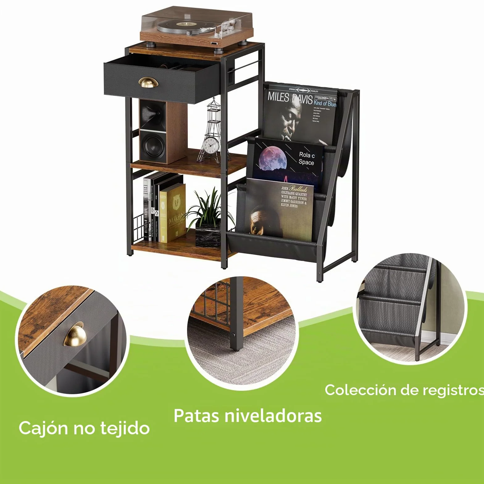 Soporte para tocadiscos de 3 niveles, mesa auxiliar vintage, estante giratorio con cajón, estantería con estante de 3 niveles de madera