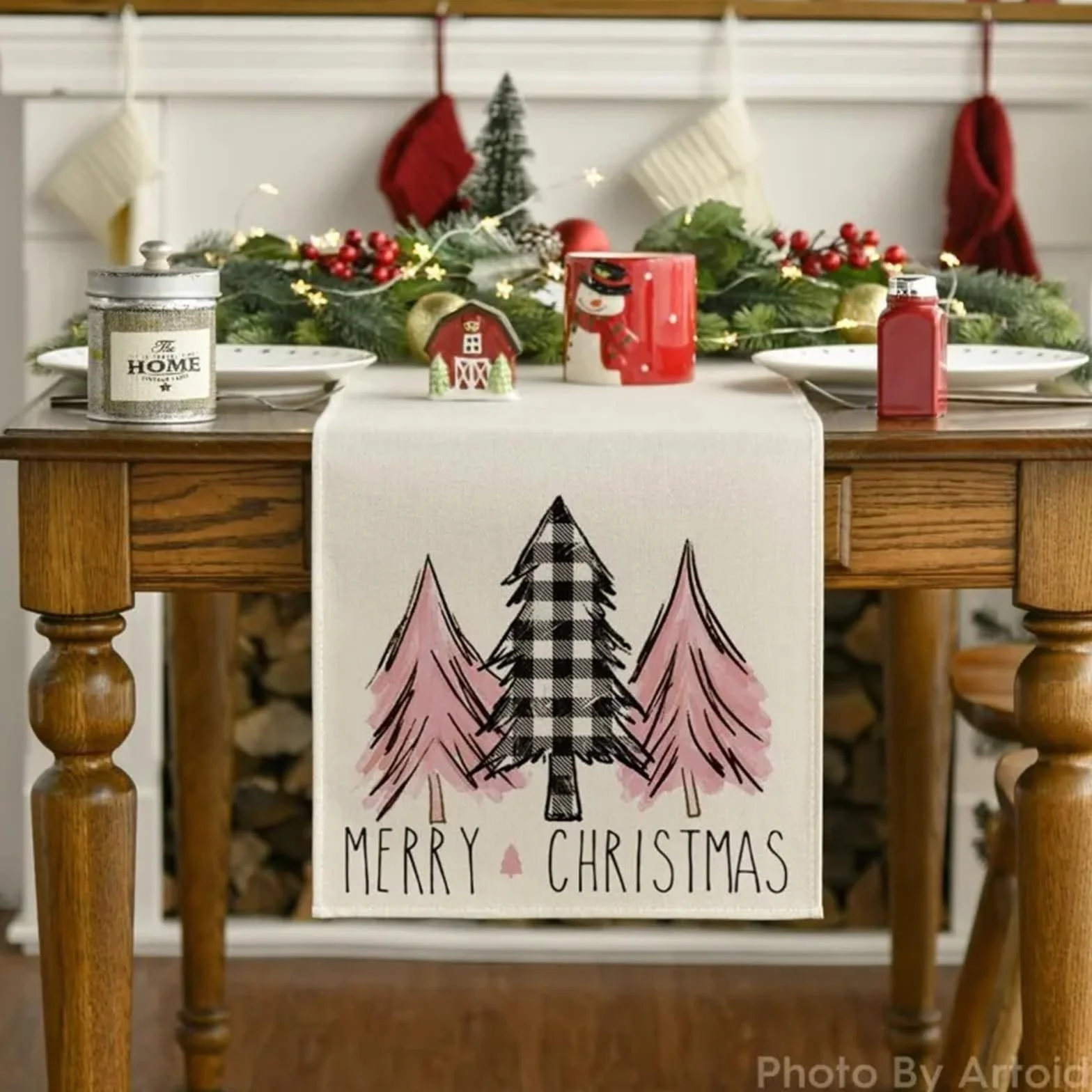 Elegante y lujoso Camino de mesa de lino rosa navideño, mantel de ambiente festivo, mesa de centro, Fireplace, cubierta de armario, decoración de cena de Boda en Cocina casera Regalos navideños(1,180x