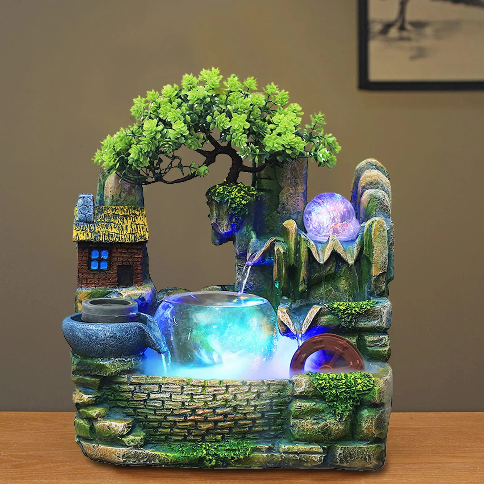 Fuente de habitación, cascada, fuente de mesa con iluminación LED y niebla, fuente interior de habitación, fuente pequeña con plantas, para la colocación en sala de estar oficina