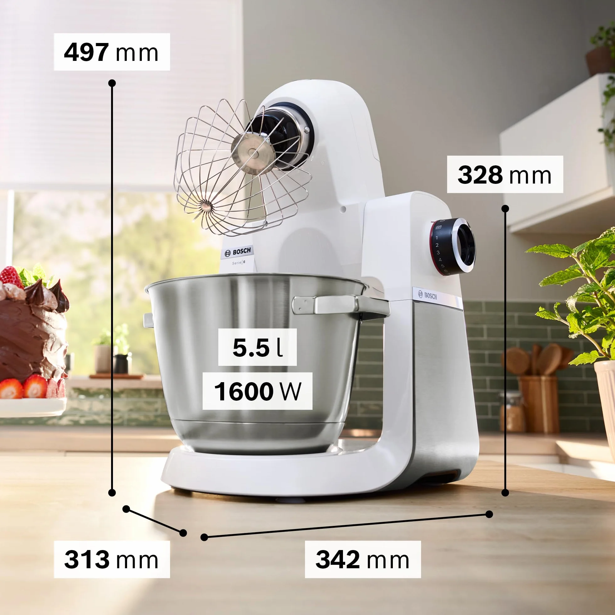 Bosch - Robot de Cocina, Serie 6, 1600W, Amasado Planetario 3D, Set de Pastelería, Triturador, Batidora de vaso ThermoSafe, Blanco, MUMS6EW22
