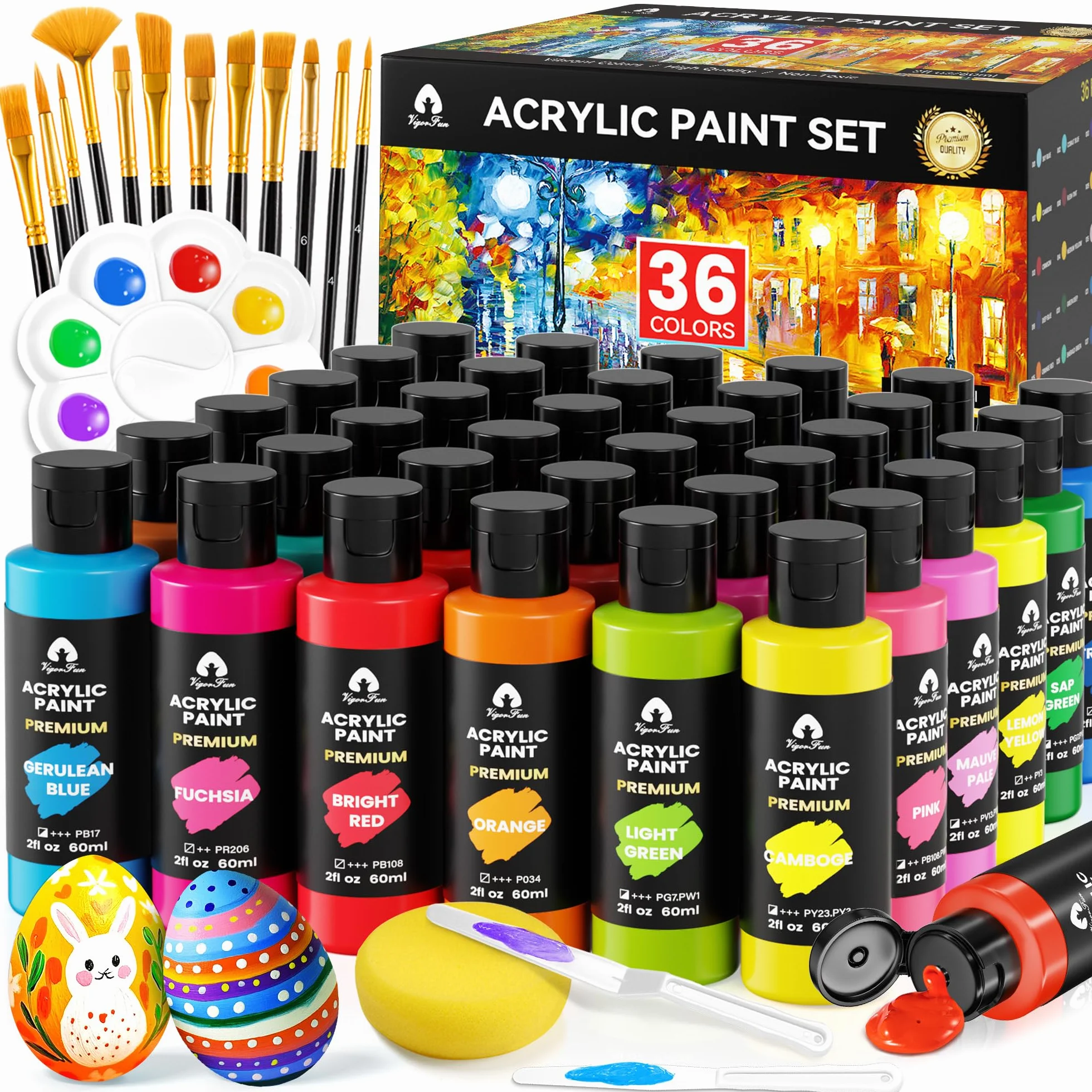 Juego de pintura acrílica con 12 pinceles, 36 colores, pinturas para manualidades, regalos para artistas, niños, principiantes y pintores