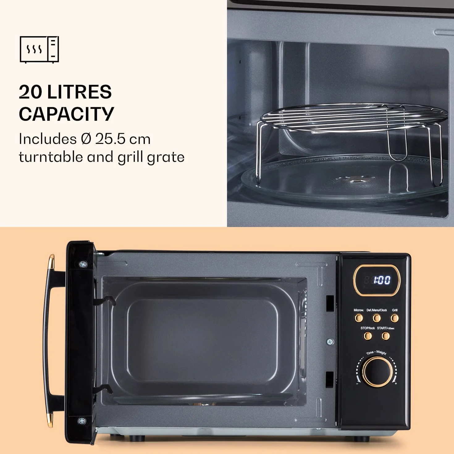 Klarstein Horno Microondas de Encimera Compacto 800W Grill Acero Inoxidable 20L Digital Inteligente