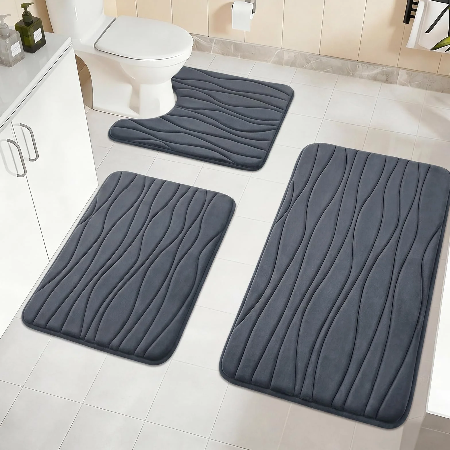 Homcomodar Juego de 3 alfombras de baño de espuma viscoelástica suave, antideslizante, lavable, absorbente de agua y en forma de U, para ducha, inodoro y bañera (gris)