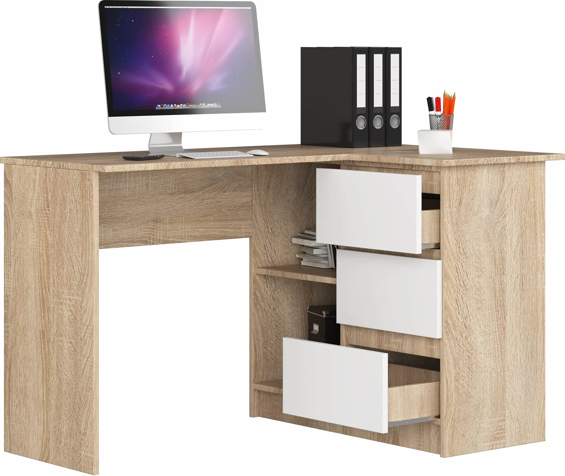 Escritorio esquinero AKORD B16 Roble Sonoma 124 cm con lado derecho 3 cajones frente en color Blanco 2 estantes 124x85x77 cm