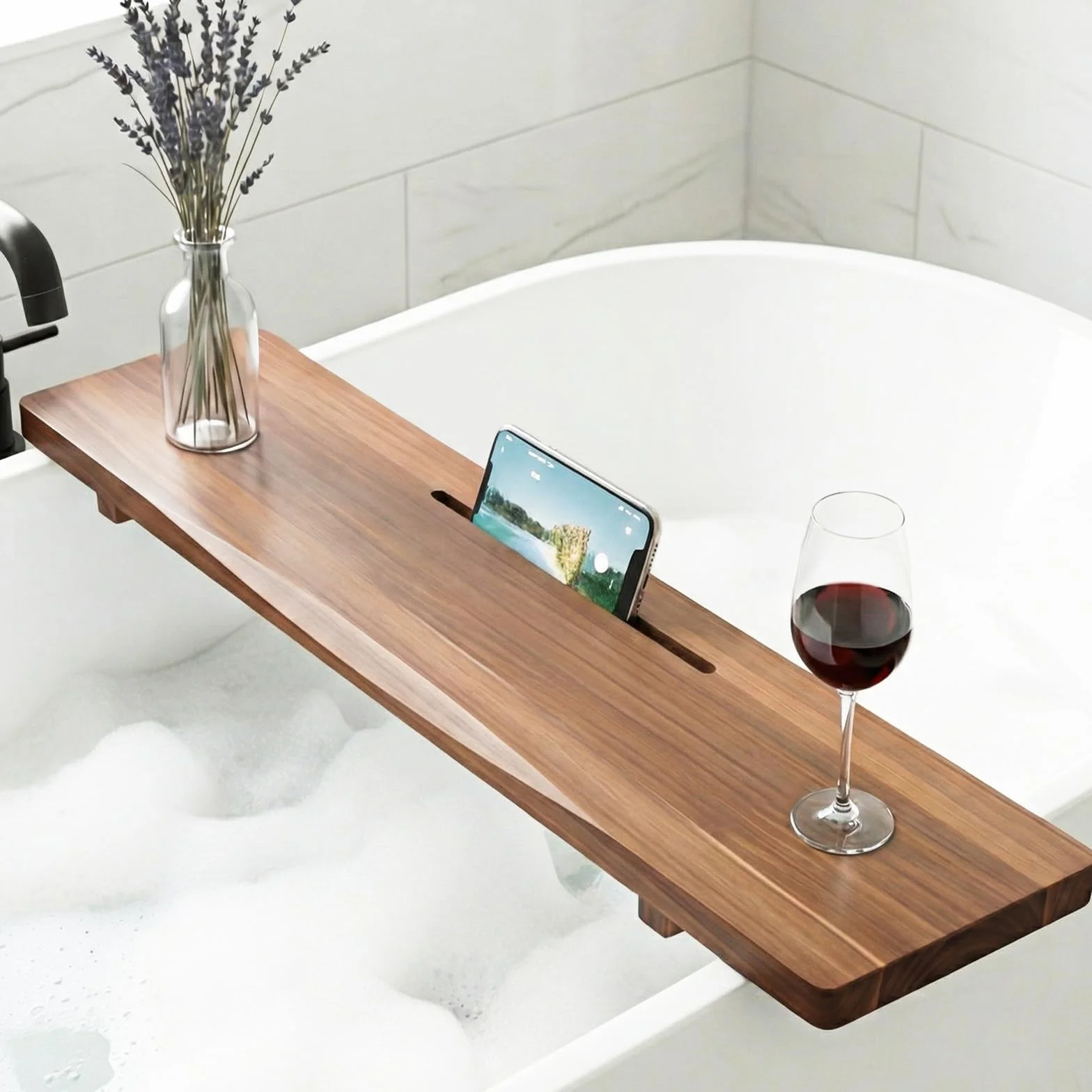 Bandeja de bañera de madera de acacia para bañera independiente, bandeja de baño ajustable de 35 pulgadas para bañera, mesa organizadora de lujo para spa, accesorios de bañera para mujeres