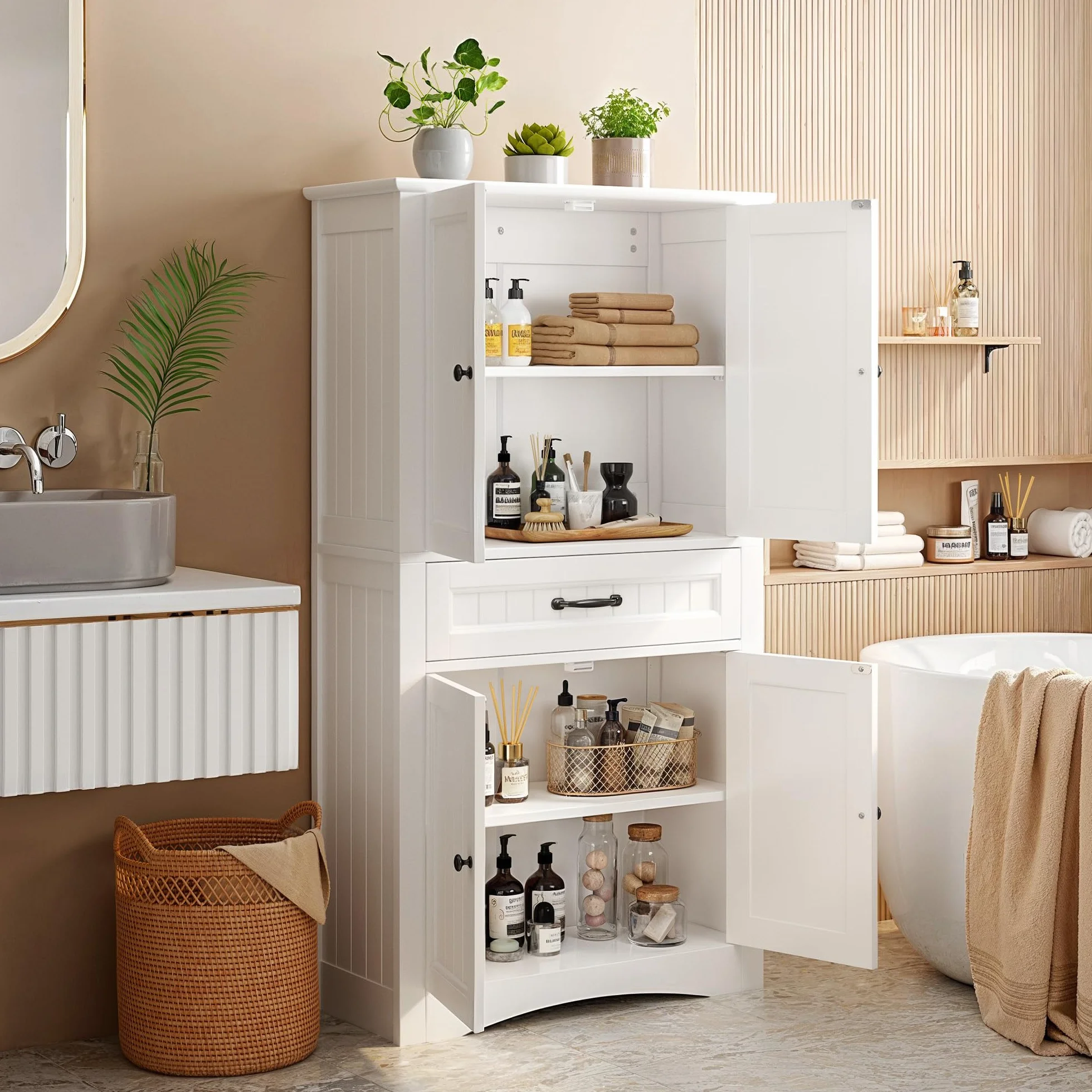 Xbro Mueble de Baño Alto con 2 Puertas y 1 Cajón, Armario Auxiliar con Baldas Ajustables, para Baño, Cocina, Salón o Despacho, 73 x 31 x 132 cm, Blanco