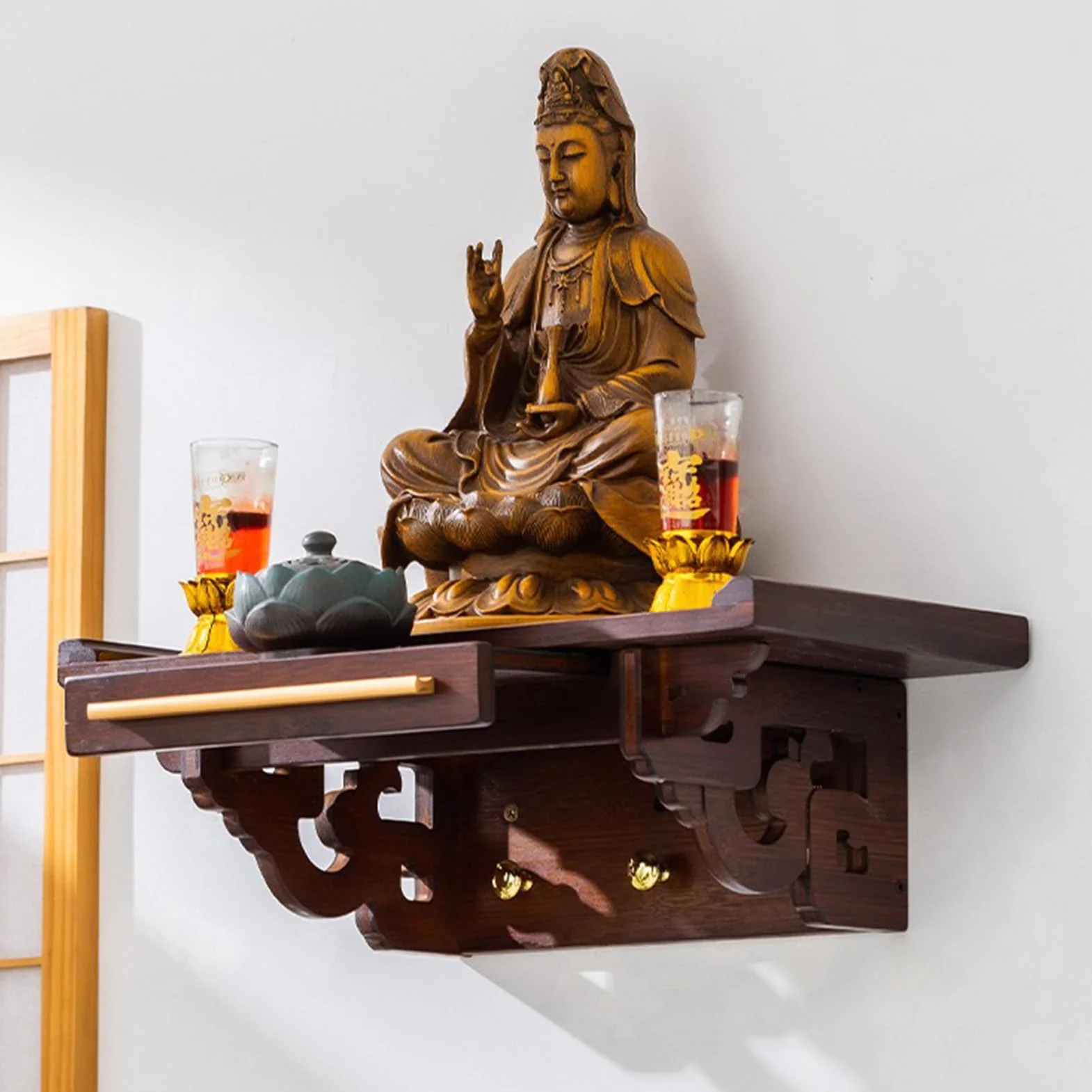Estante de madera para pared para estatuas de Buda, mesa de altar Fengshui con montaje seguro para meditación en casa y rituales Pooja