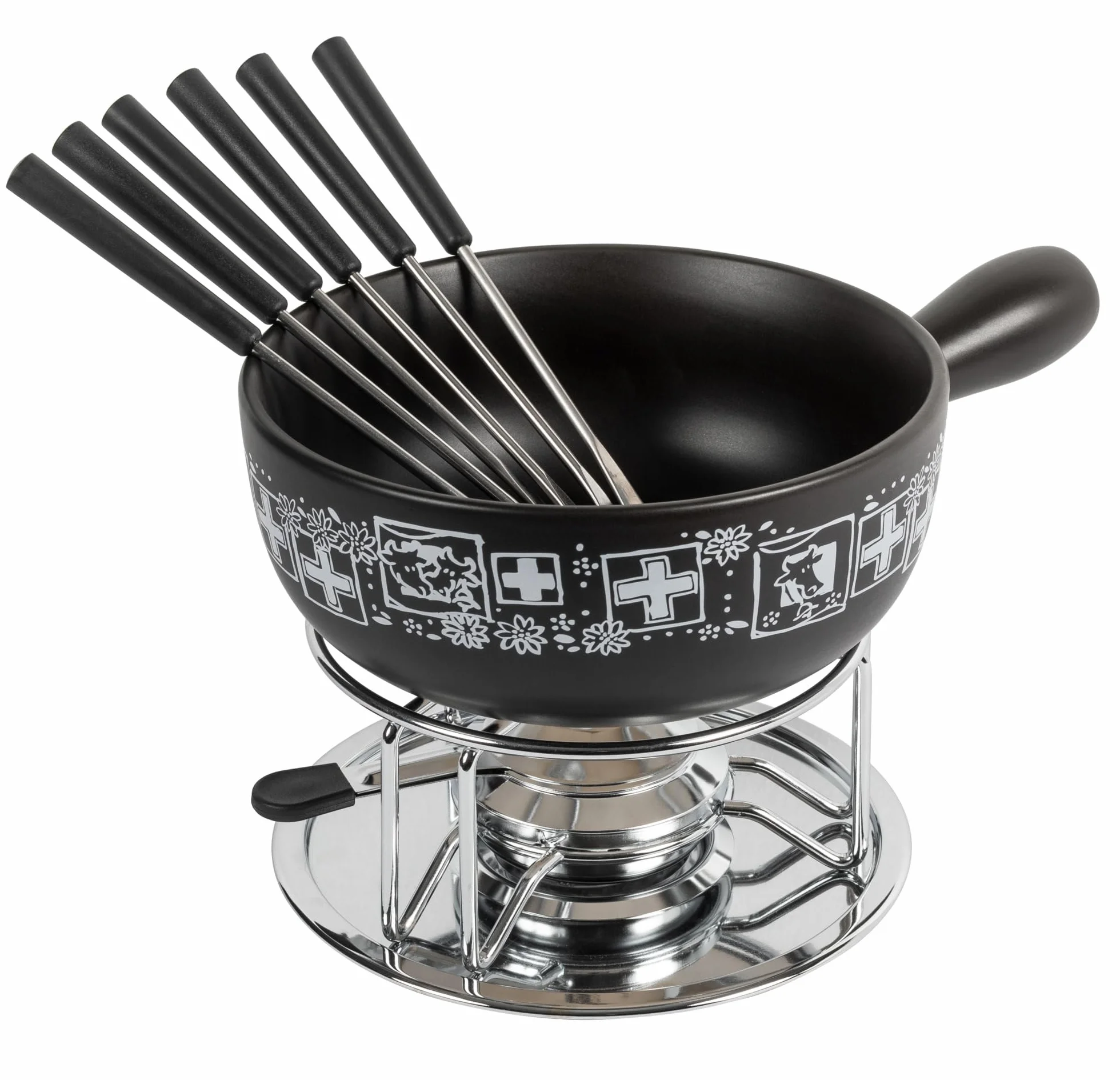 KUHN RIKON Juego de fondue de queso Suisse negro de 23 cm de diámetro, 2,6 litros, ideal para 4-6 personas para amigos y familia, el juego contiene 6 tenedores, un hornillo y un quemador de pasta