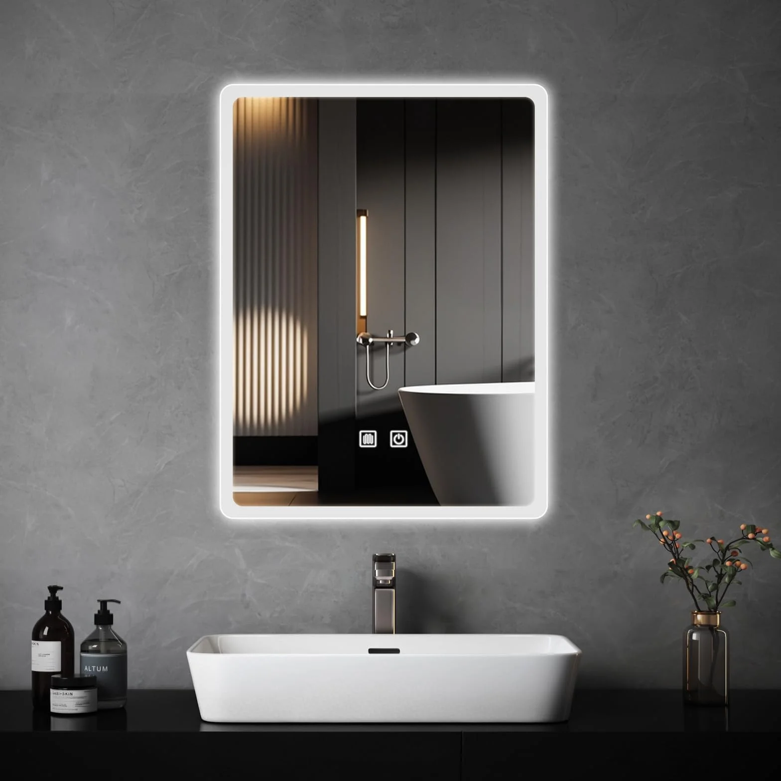 Espejo de baño con luces LED, espejo iluminado de 60x45cm para baño con función antivaho, luces regulables de 3 colores, retroiluminación, montado en la pared, resistente al agua, control