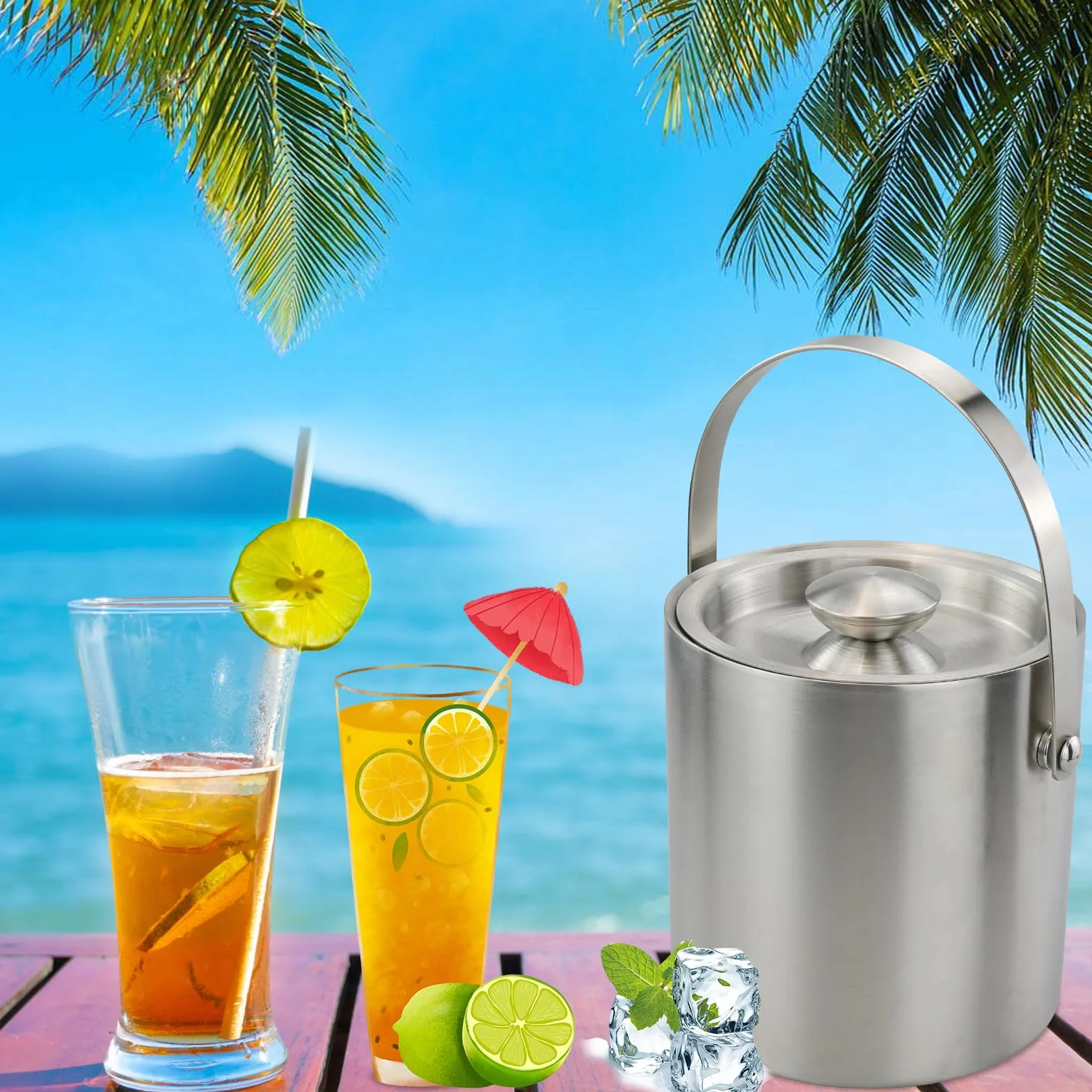 Cubiteras Acero Inoxidable, 2L Cubo de Hielo con Pinza y Tapa, Cubiteras para Hielo con Aislamiento de Doble, para Enfriador
