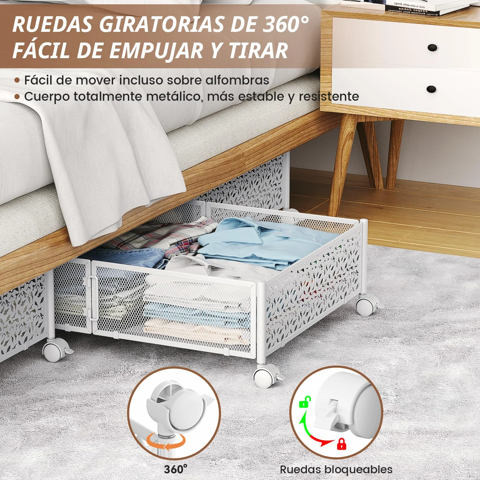 PHINOX Almacenamiento debajo de la cama con ruedas, organizador de zapatos para dormitorio