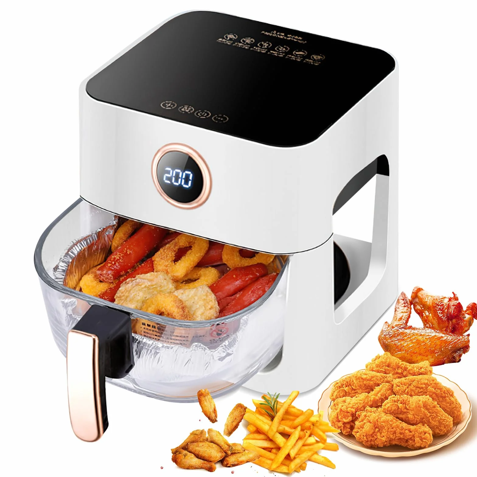 Freidora de aire caliente 5L, 1300W Freidora de aire con ventana de visión de 360°, control de tiempo y tempertura, pantalla táctil, extraíble, 6 funciones de cocción, sin BPA