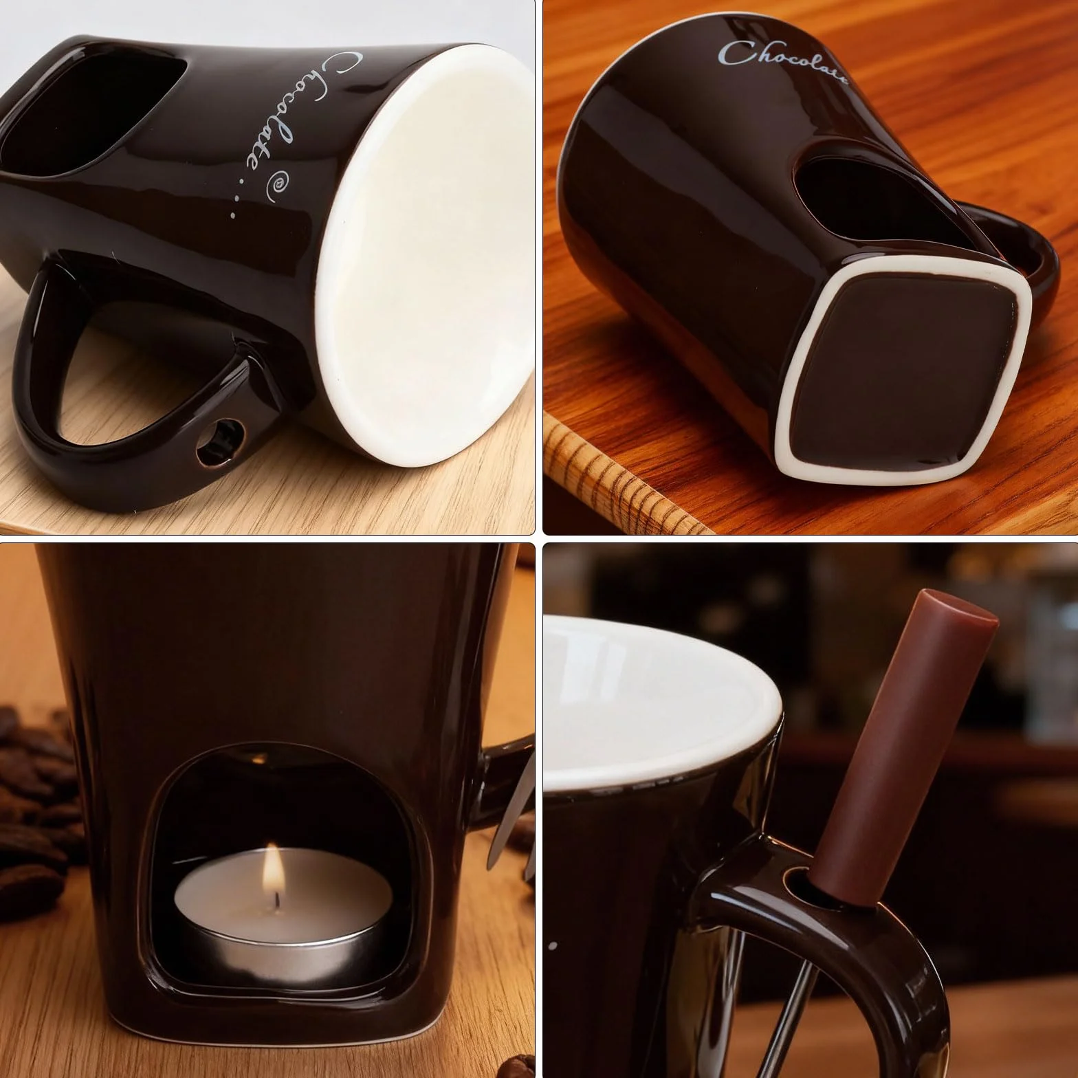 Taza de cerámica para fondue de chocolate, 130 ml, con portavelas y tenedores