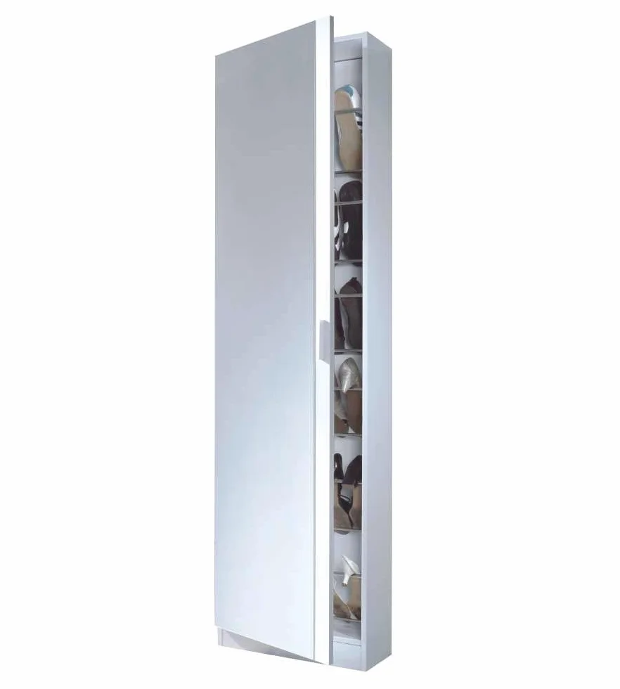 Habitdesign Zapatero de 1 Puerta con Espejo Modelo Kristal, Capacidad 16 Pares, Medidas: 180x50x20 cm, Color Blanco Brillo
