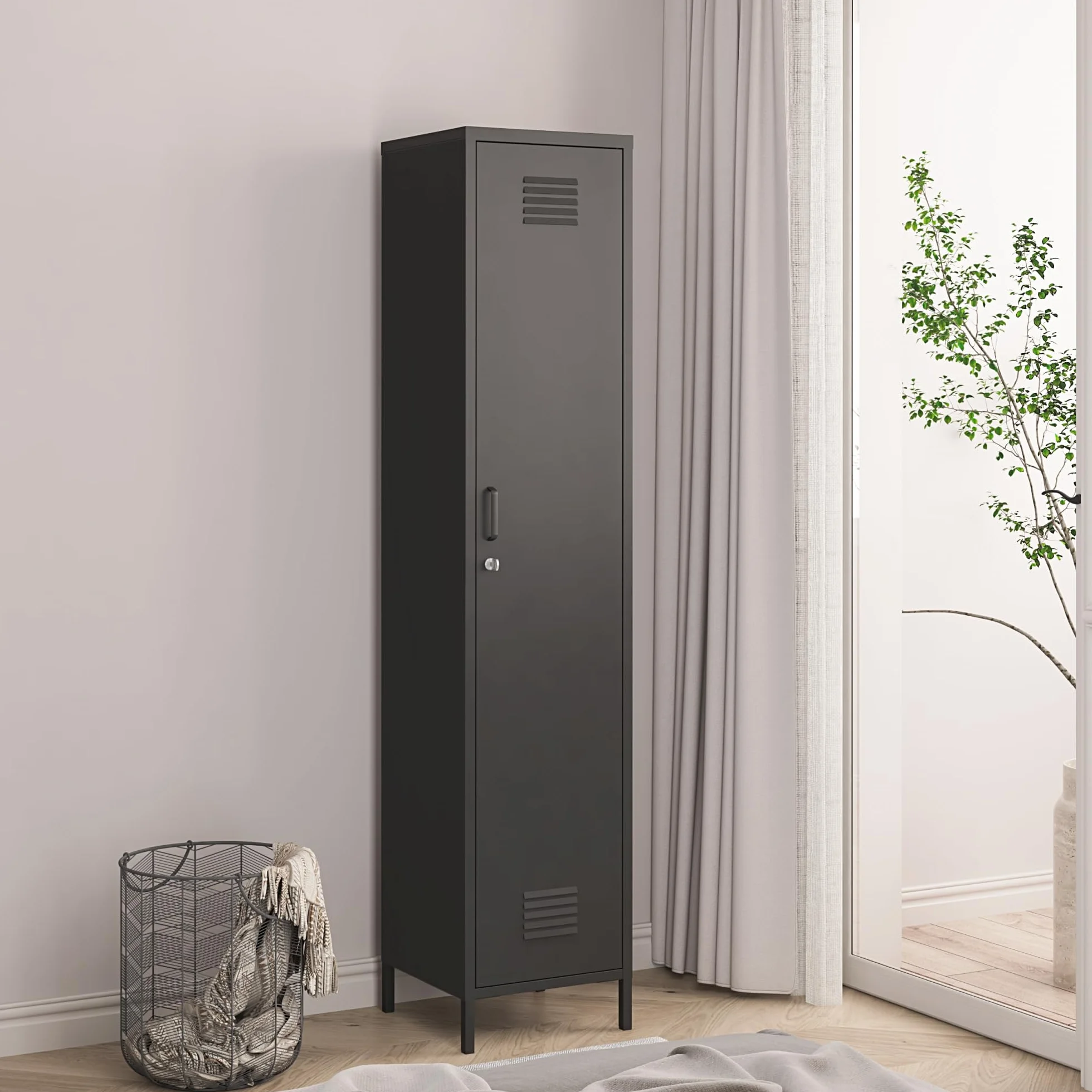 [en.casa] Armario Ropero Seinäjoki Guardarropa Armario Metálico de Oficina con 1 Puerta y 2 Estantes para Taller Vestuario Acero 180 x 38 x 38 cm - Negro