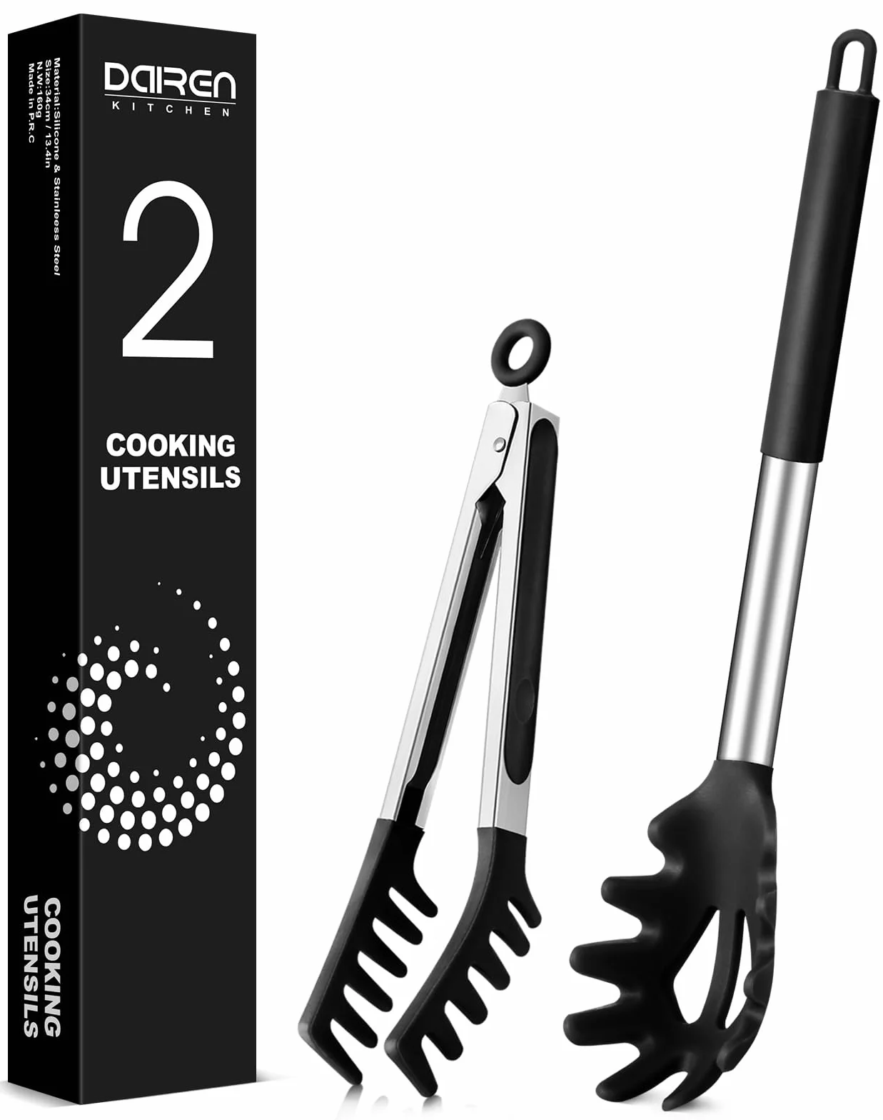 Cuchara de espagueti y pinza para pasta de silicona antiadherente con mango de acero inoxidable negro
