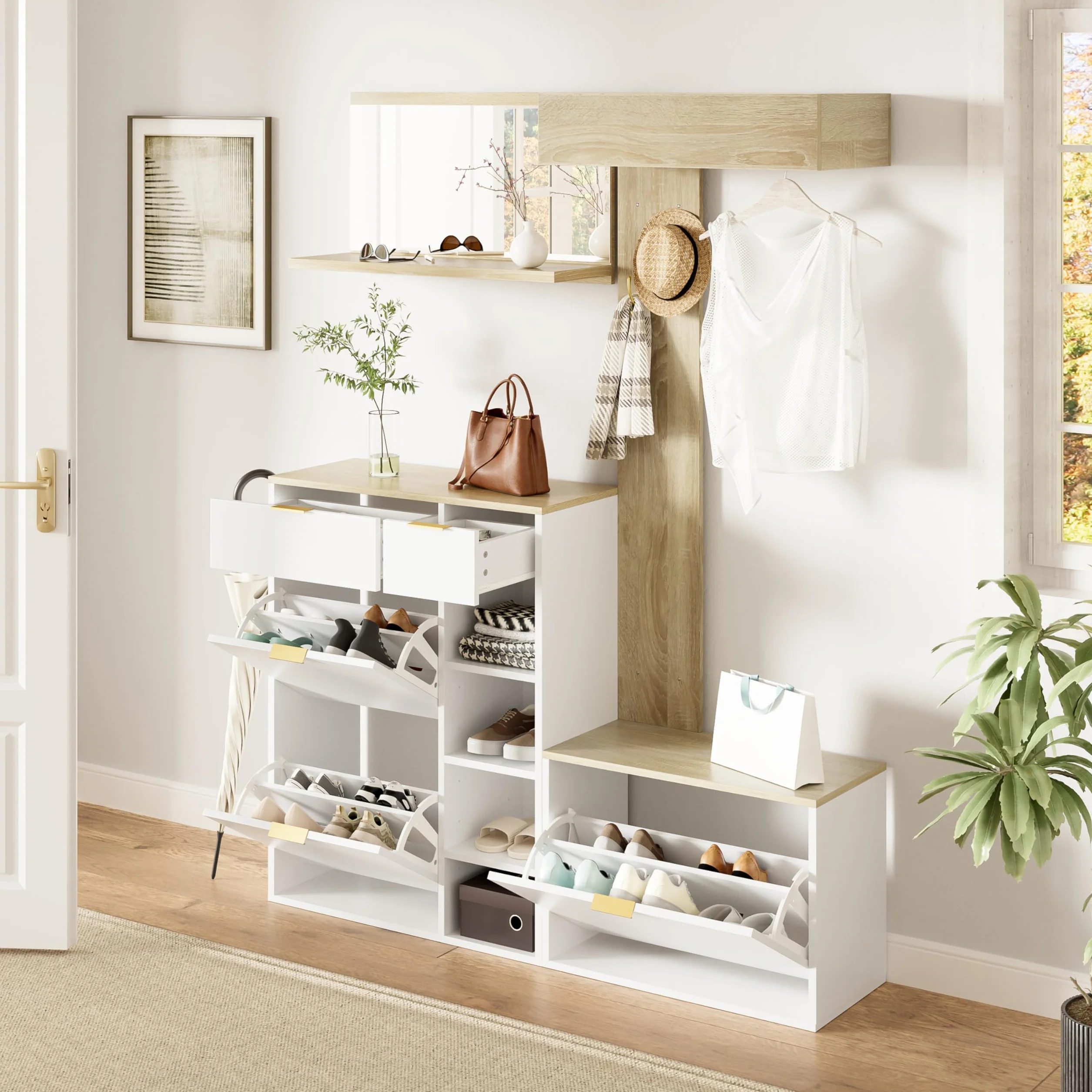 Conjunto de Recibidor de Entrada con Espejo y Ganchos, Perchero de Pared con Banco Zapatero, Juego de Mueble Recibidor con Cajones y Espacio de Almacenamiento, 174x130x30 cm, Natural + Blanco