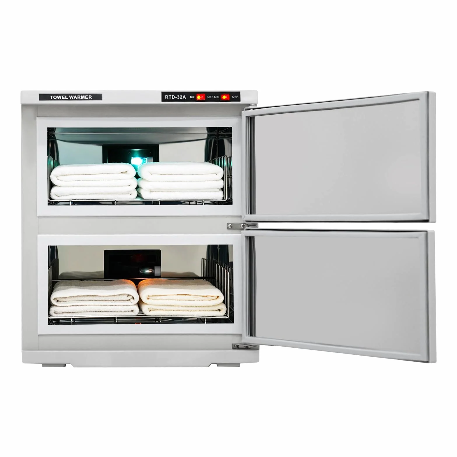 Calentador de toallas de 36 L, 2 puertas, con esterilización UV | Toallero desinfectante de gran capacidad, toallero con bandeja recogedora y asas, calentador de toallas para hotel
