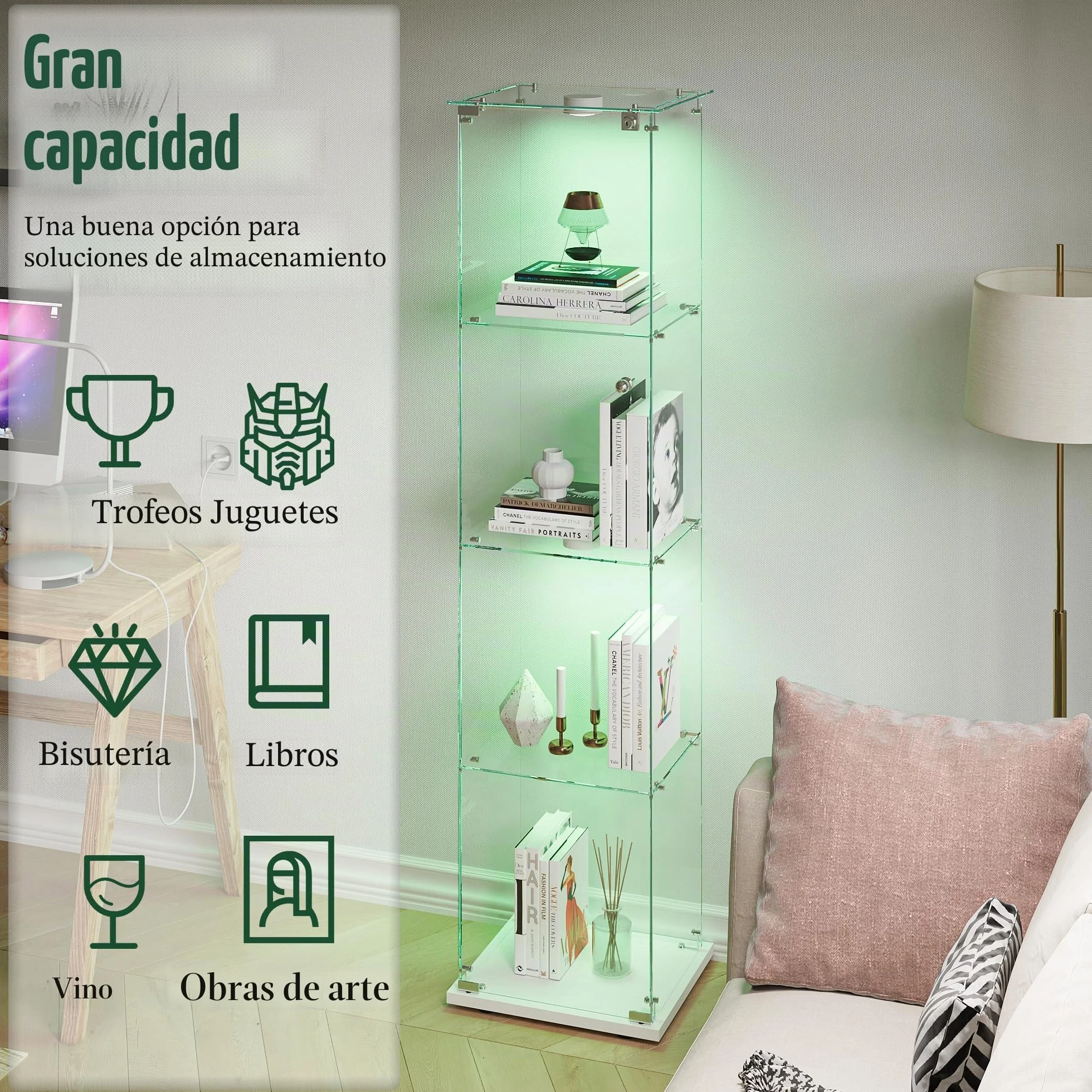 Vitrina de Cristal de 163 x 40 x 35 cm con 4 estantes 1 Puertas, Vitrina de pie con LED, Armario de colección Moderno para salón, Dormitorio, Oficina, Blanco y Puerta Individual + Luces de Pat
